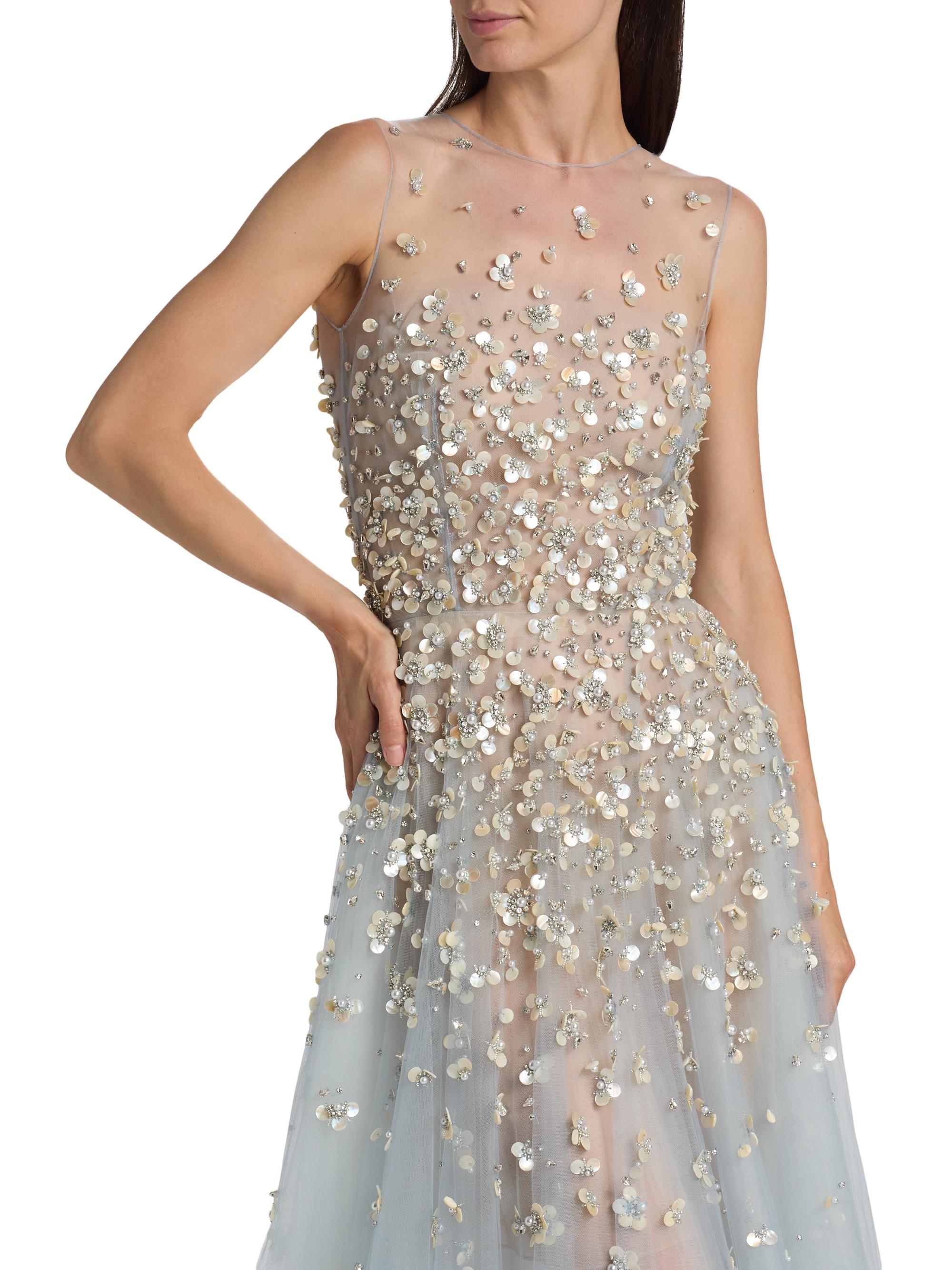 Oscar de la Renta Embellished Floral Mother-of-Pearl Embroidered Tulle Gown  | Saks Fifth Avenue