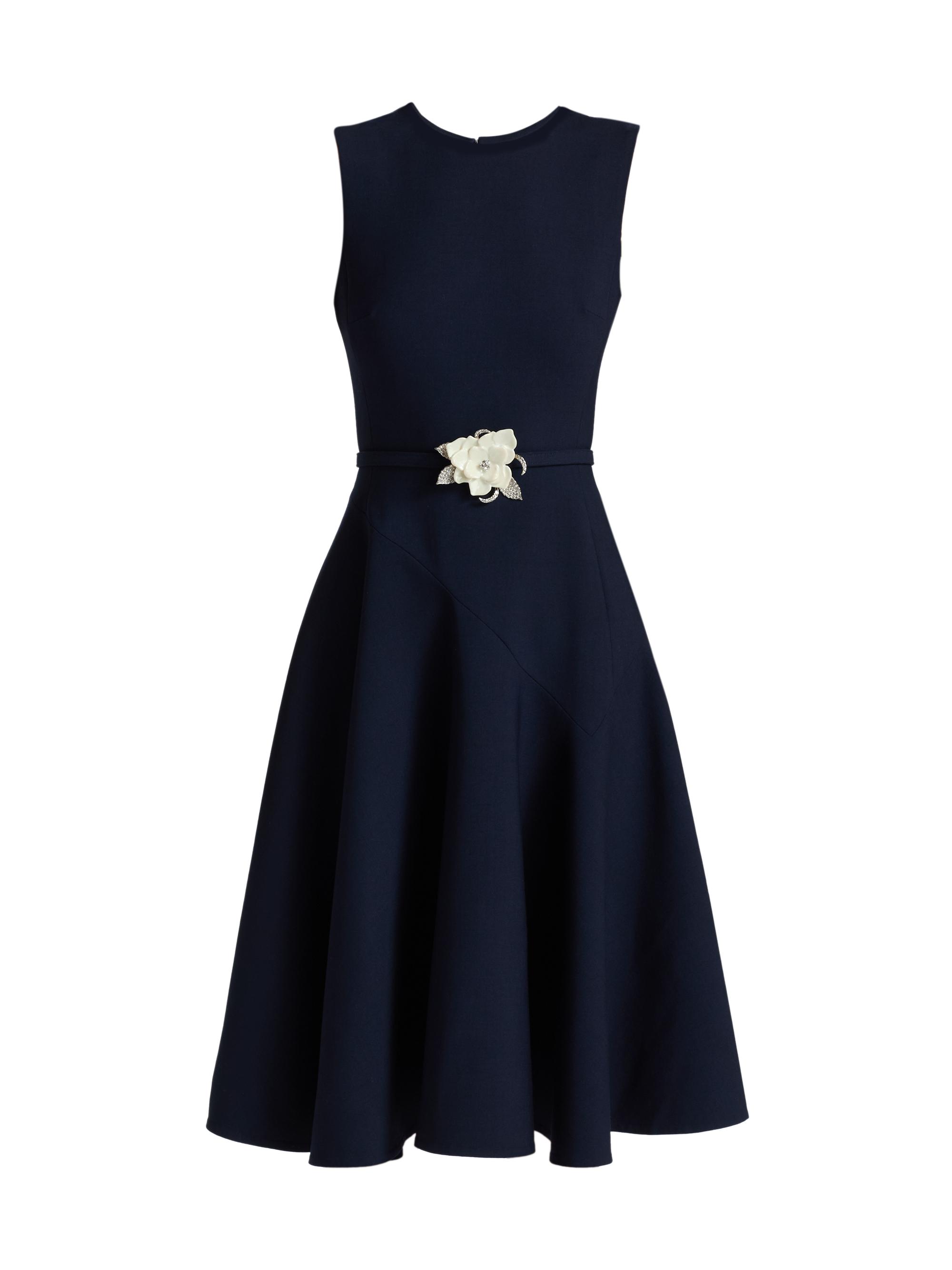 Oscar de la Renta Women's Crystal-Embellished Flower Wool-Blend Belted Midi-Dress - Navy