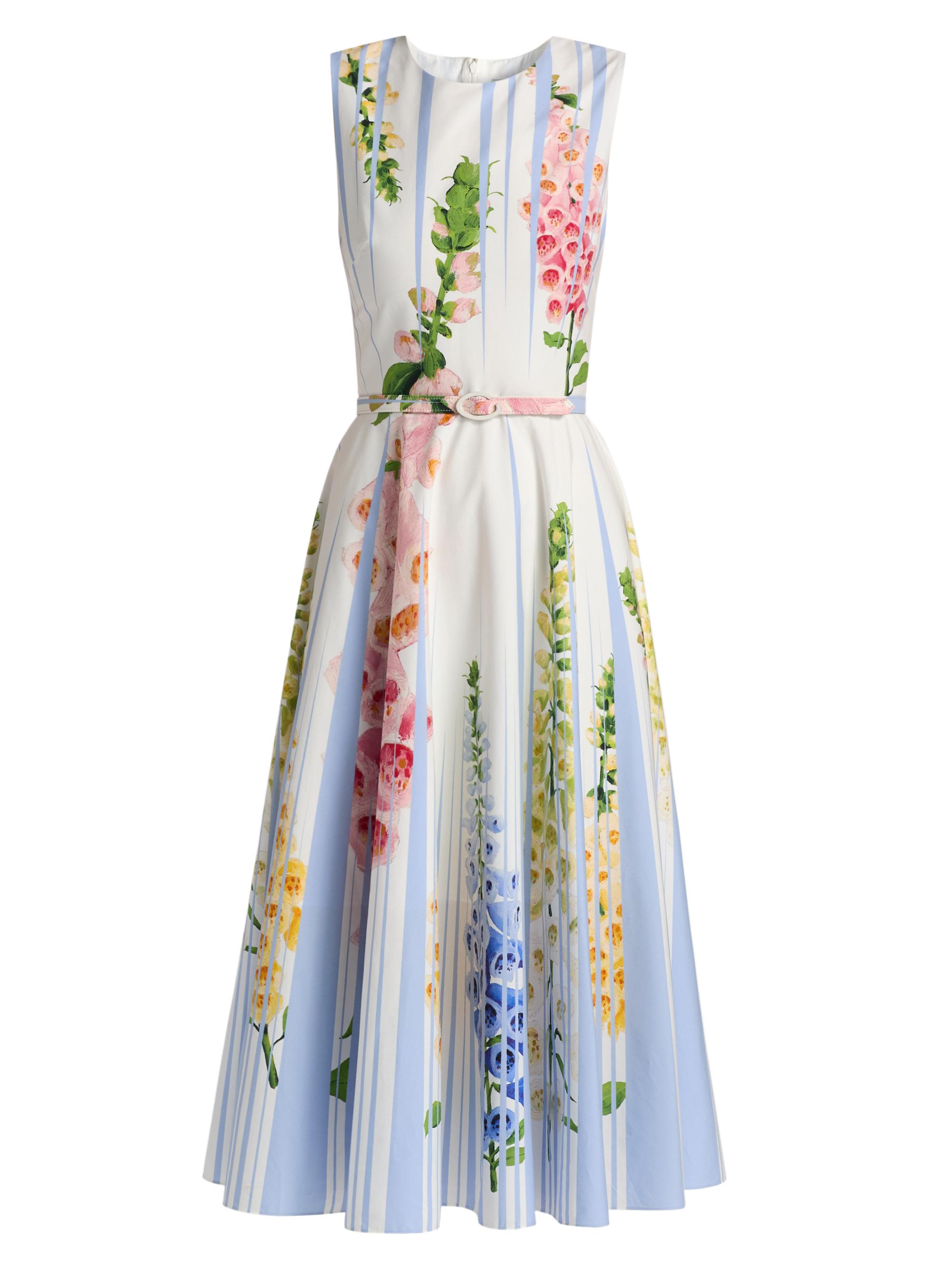 Oscar de la Renta Women's Pleated Foxgloves-Print Cotton Poplin Midi-Dress - Light Blue Mult