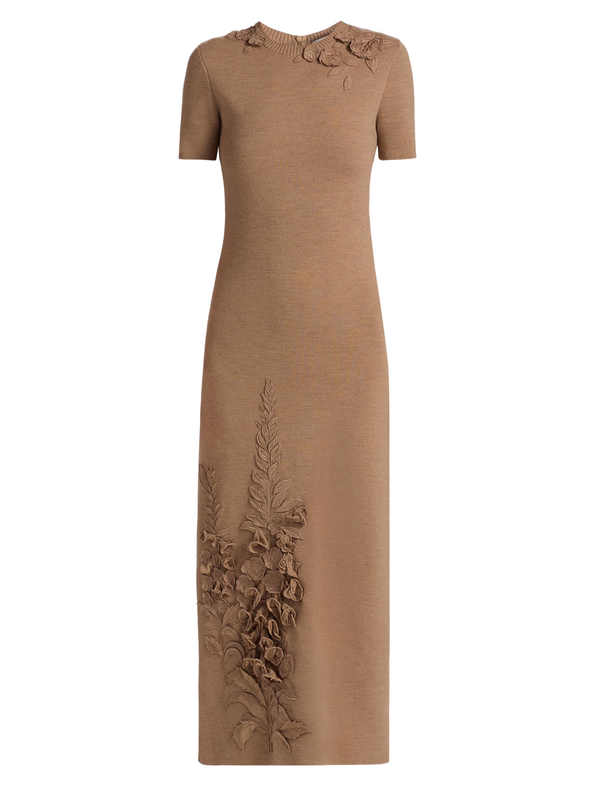 Oscar de la Renta Women's Foxgloves-Embroidered Knit Maxi Dress - Brown