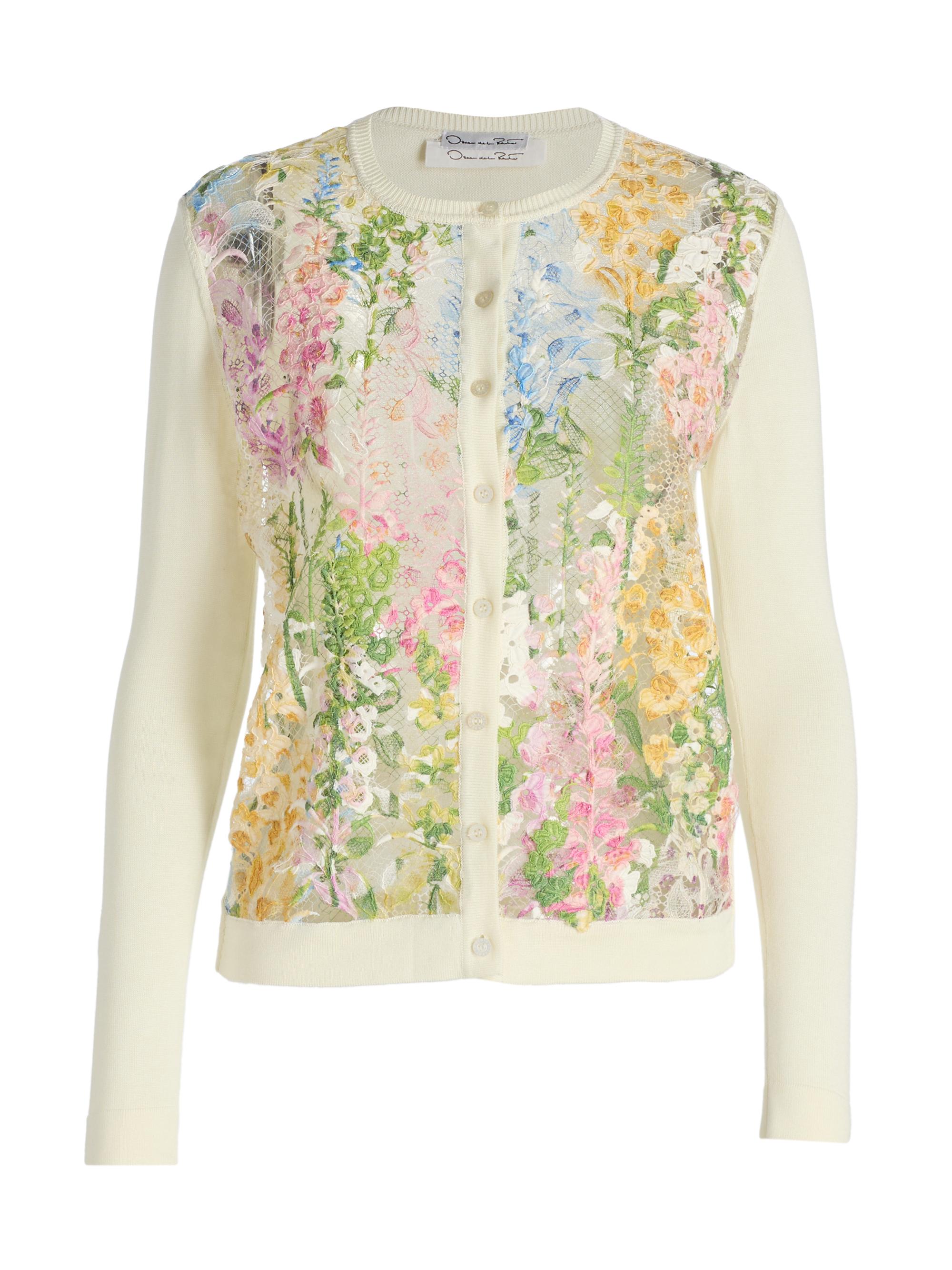 Oscar de la Renta Women's Foxgloves Embroidered Lace Overlay Knit Cardigan - White Multi