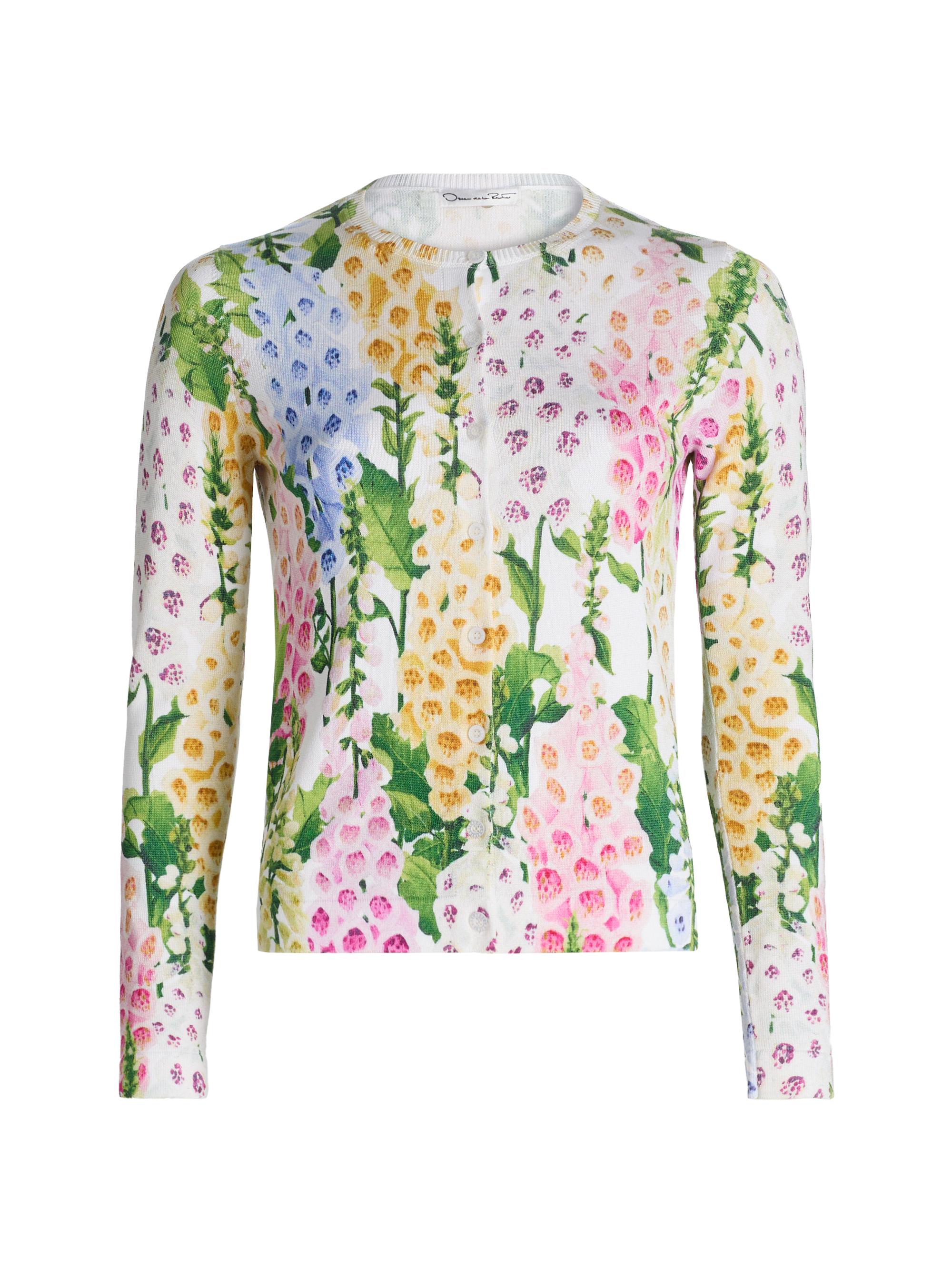 Oscar de la Renta Women's Foxgloves-Print Cotton-Blend Cardigan - White Multi