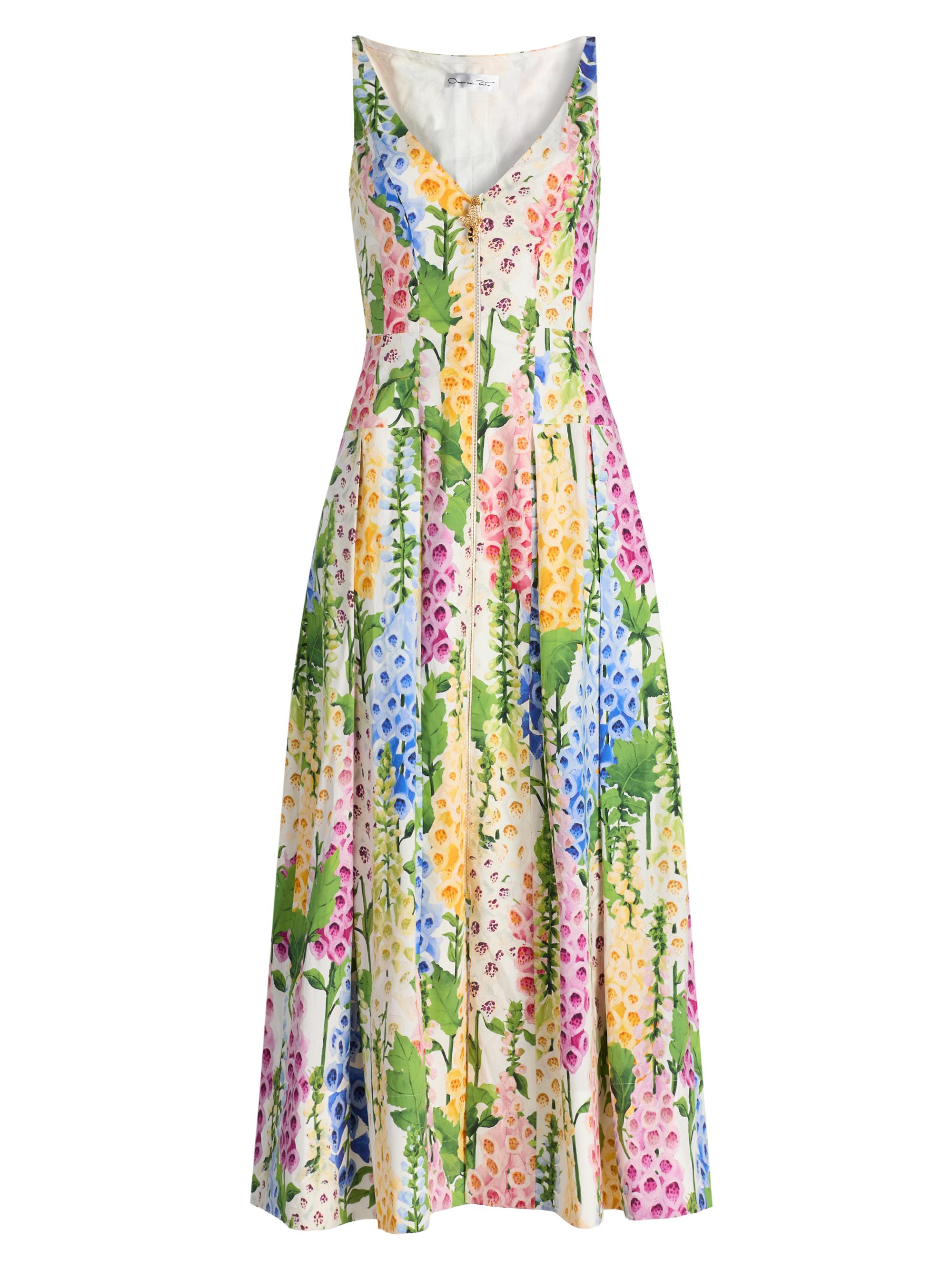 Oscar de la Renta Women's Foxgloves-Print Stretch-Cotton Poplin Maxi Dress - White Multi