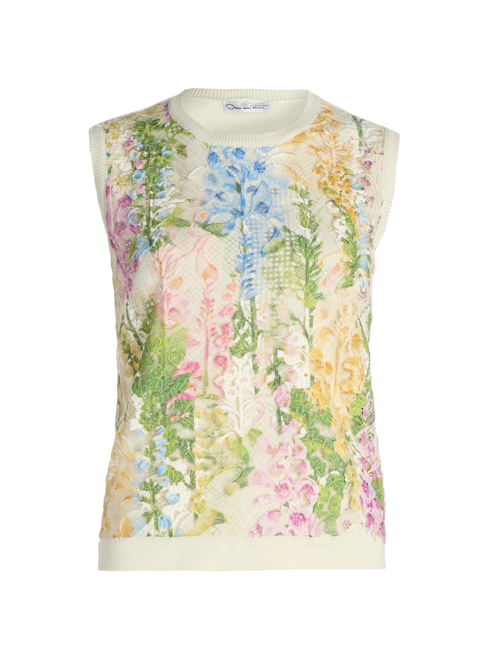 Oscar de la Renta Women's Foxgloves Embroidered Lace Overlay Knit Sweater Tank - White Multi