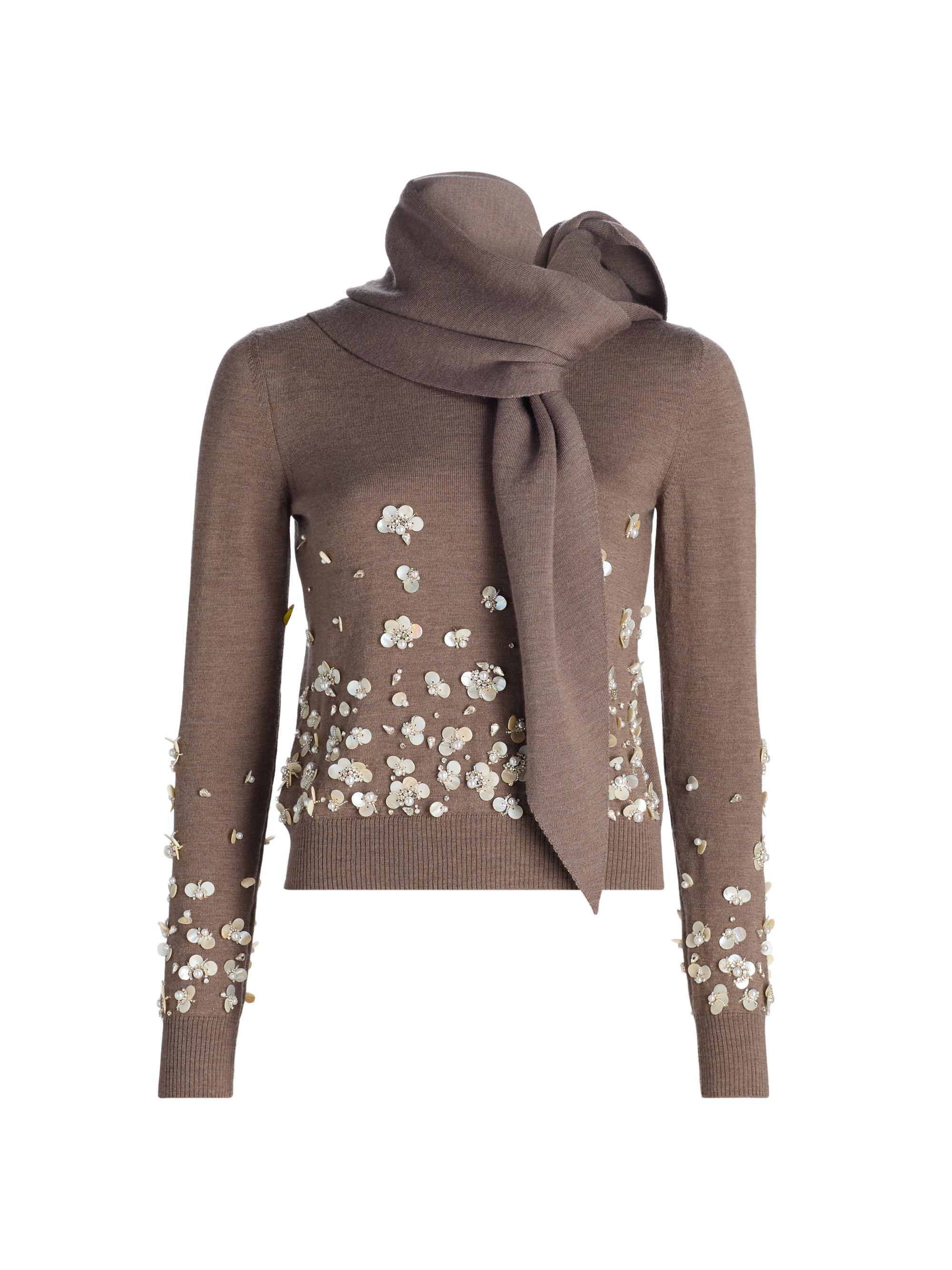 Oscar de la Renta Women's Mother-of-Pearl & Crystal Floral-Embroidered Wool Tieneck Sweater - Brown