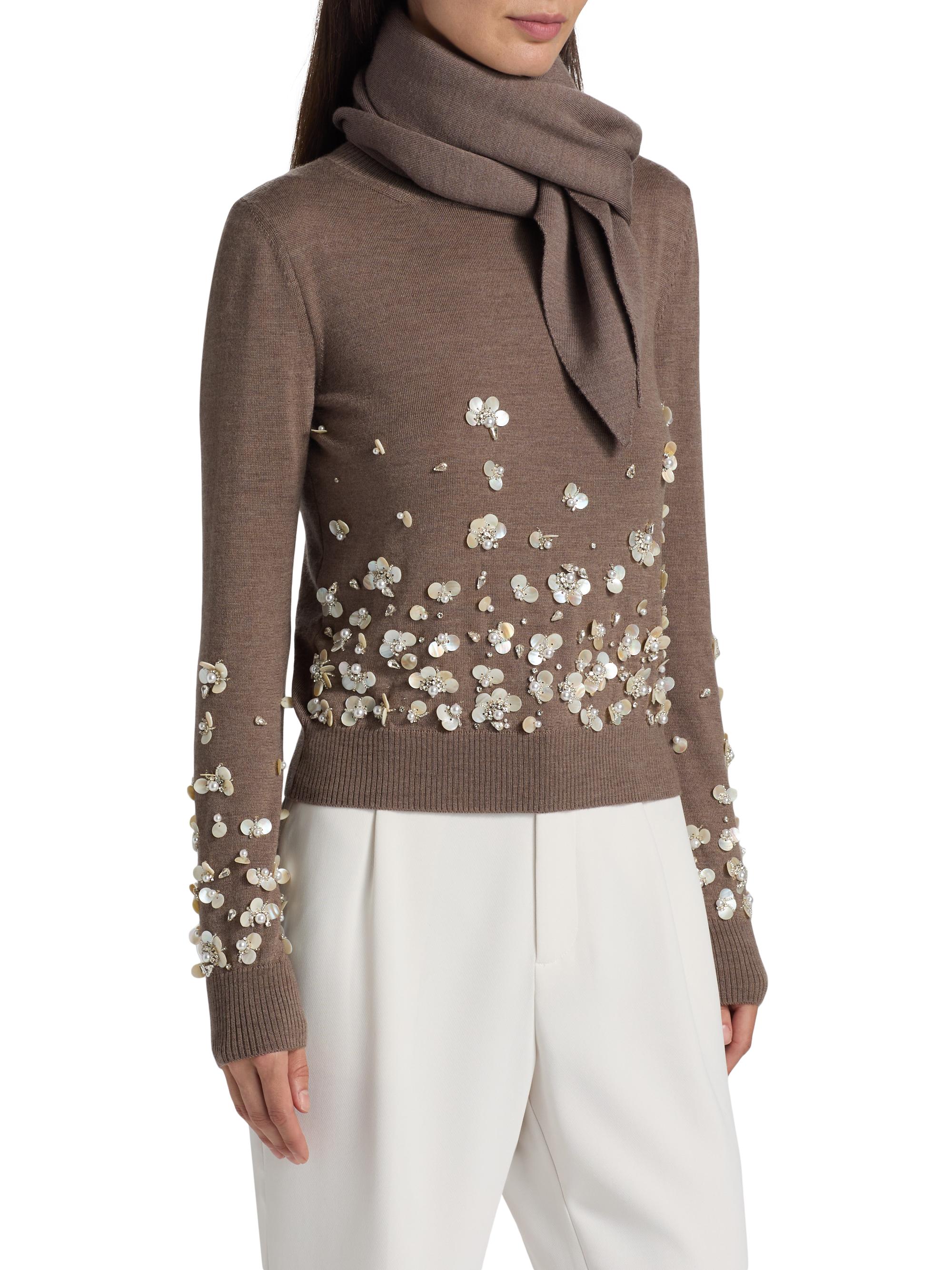 Oscar de la Renta Mother-of-Pearl & Crystal Floral-Embroidered