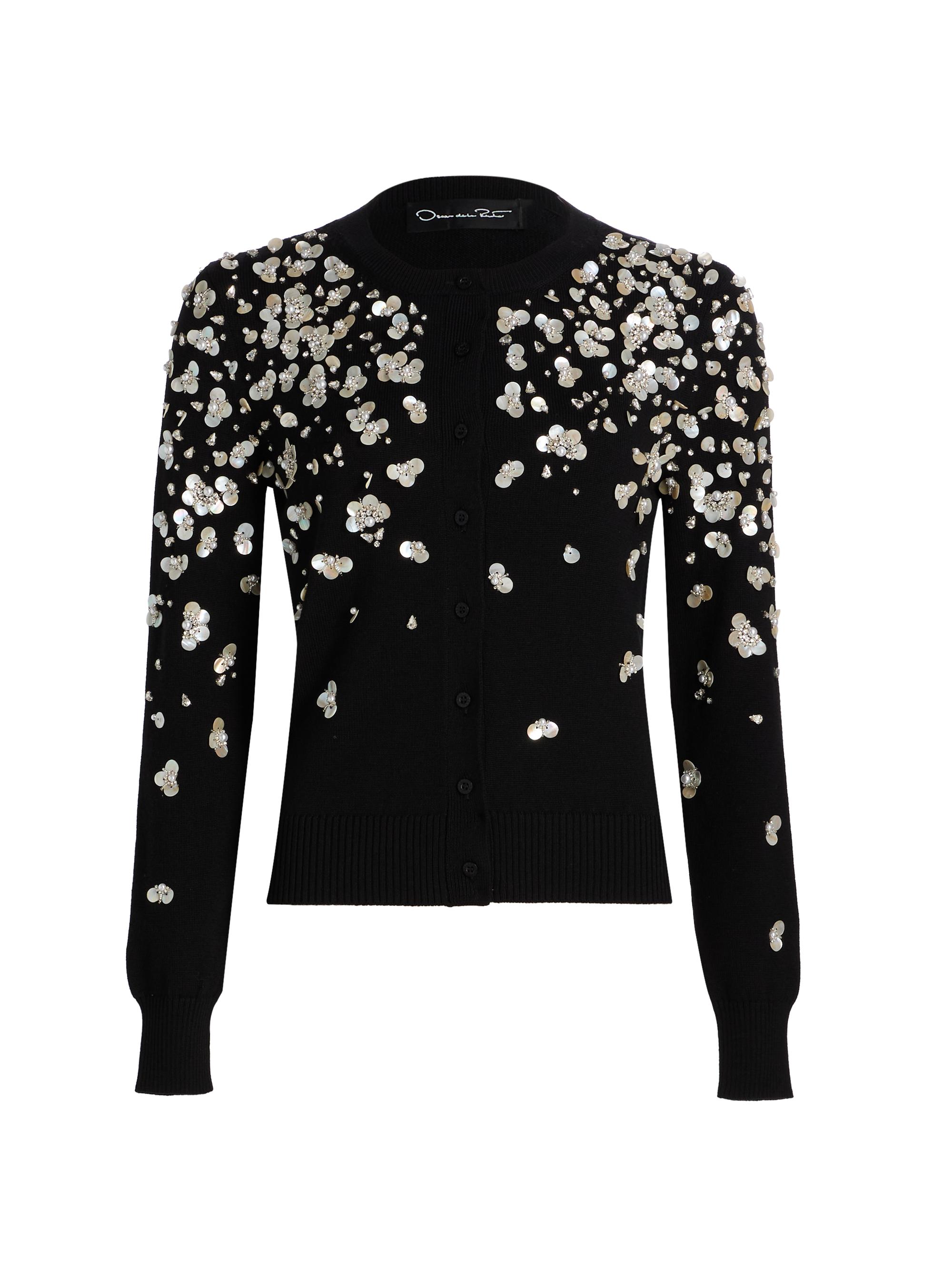 Oscar de la Renta Women's Mother-of-Pearl Embroidered Wool Cardigan - Black
