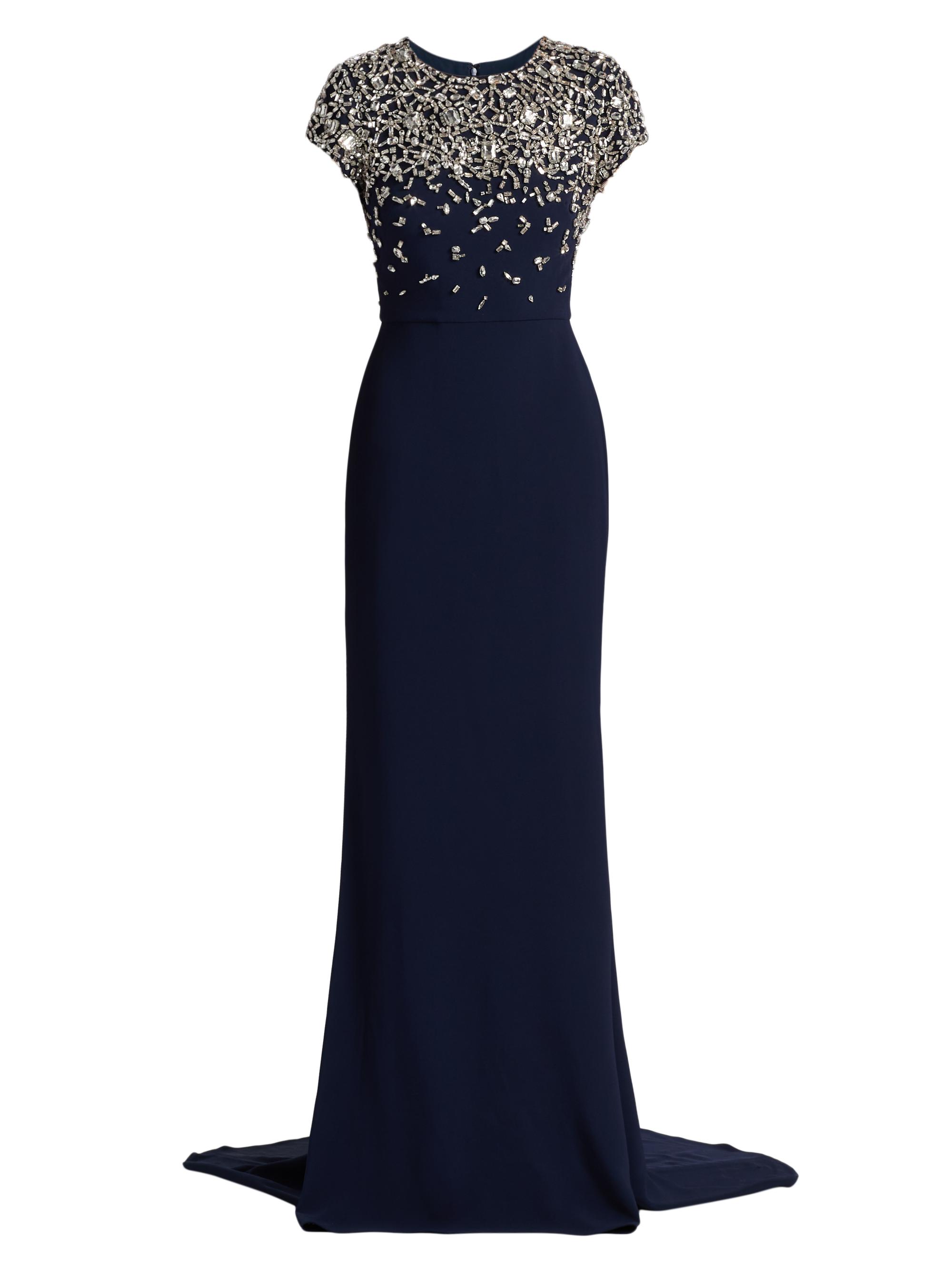 Oscar de la Renta Women's Crystal-Embroidered Cap-Sleeve Gown - Navy