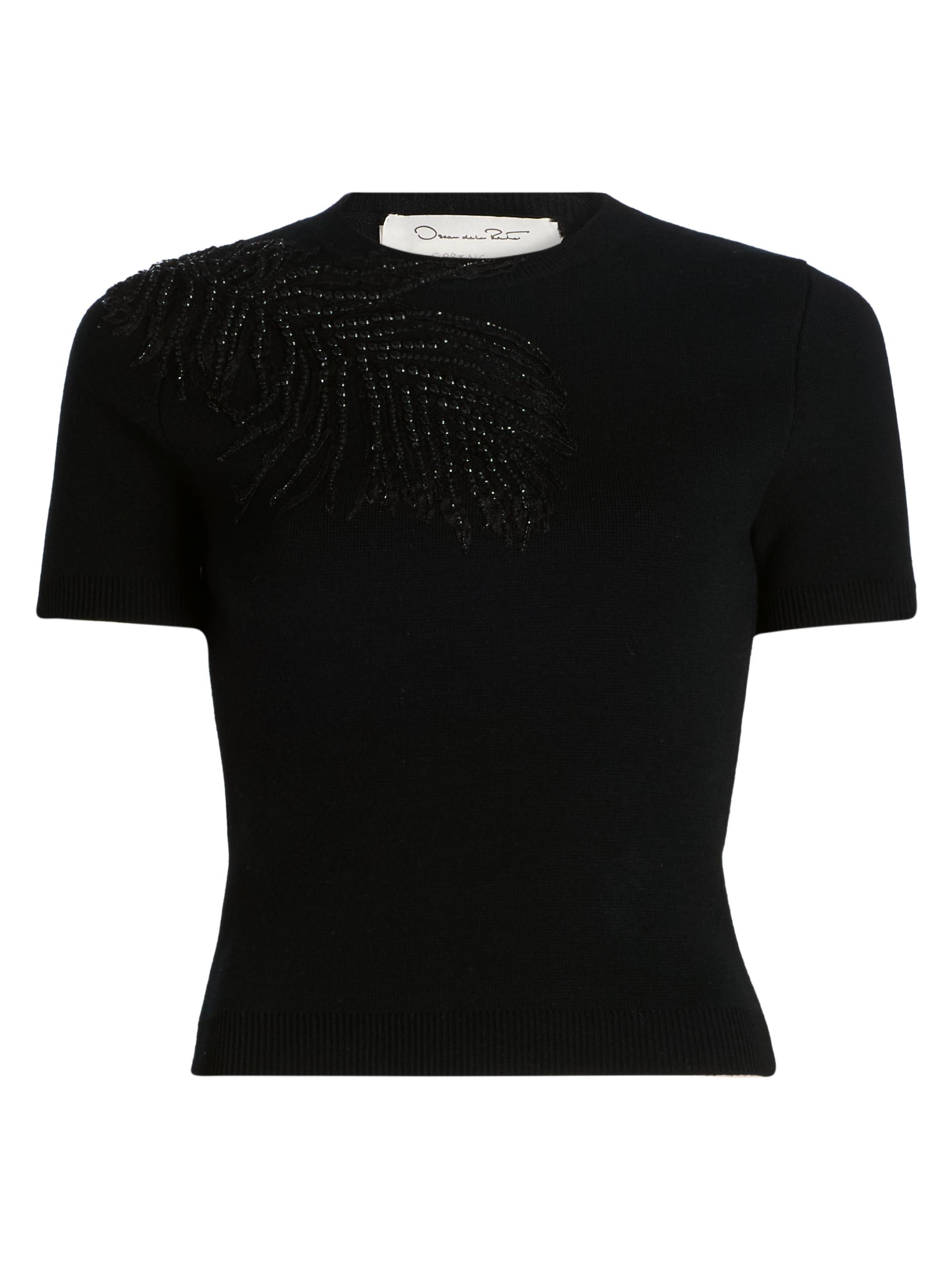 Oscar de la Renta Women's Beaded Feather-Embroidered Short-Sleeve Sweater - Black