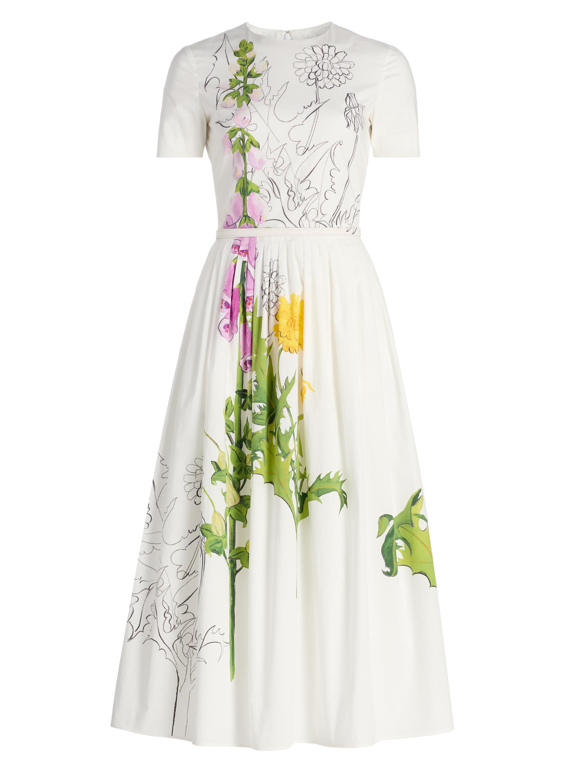 Oscar de la Renta Women's Foxgloves & Dandelion Stretch-Cotton Poplin Midi-Dress - White Multi