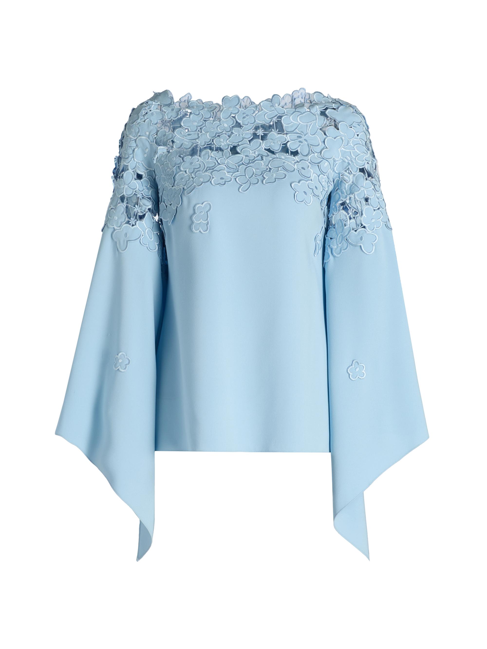 Oscar de la Renta Women's Floral-Embroidered Stretch-Silk Cape-Sleeve Blouse - Sky