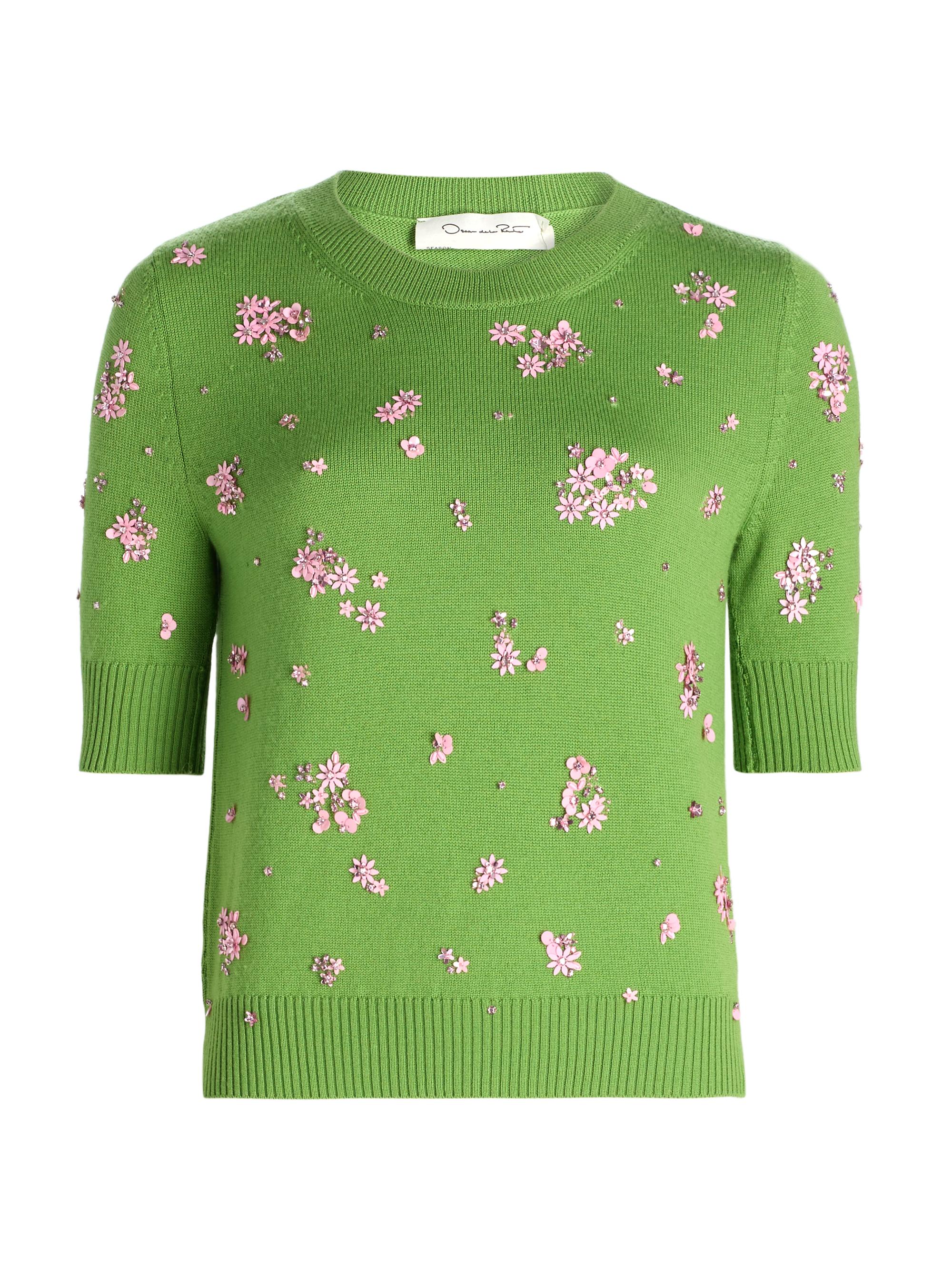 Oscar de la Renta Women's Floral Cluster-Embroidered Wool Sweater - Green Pink