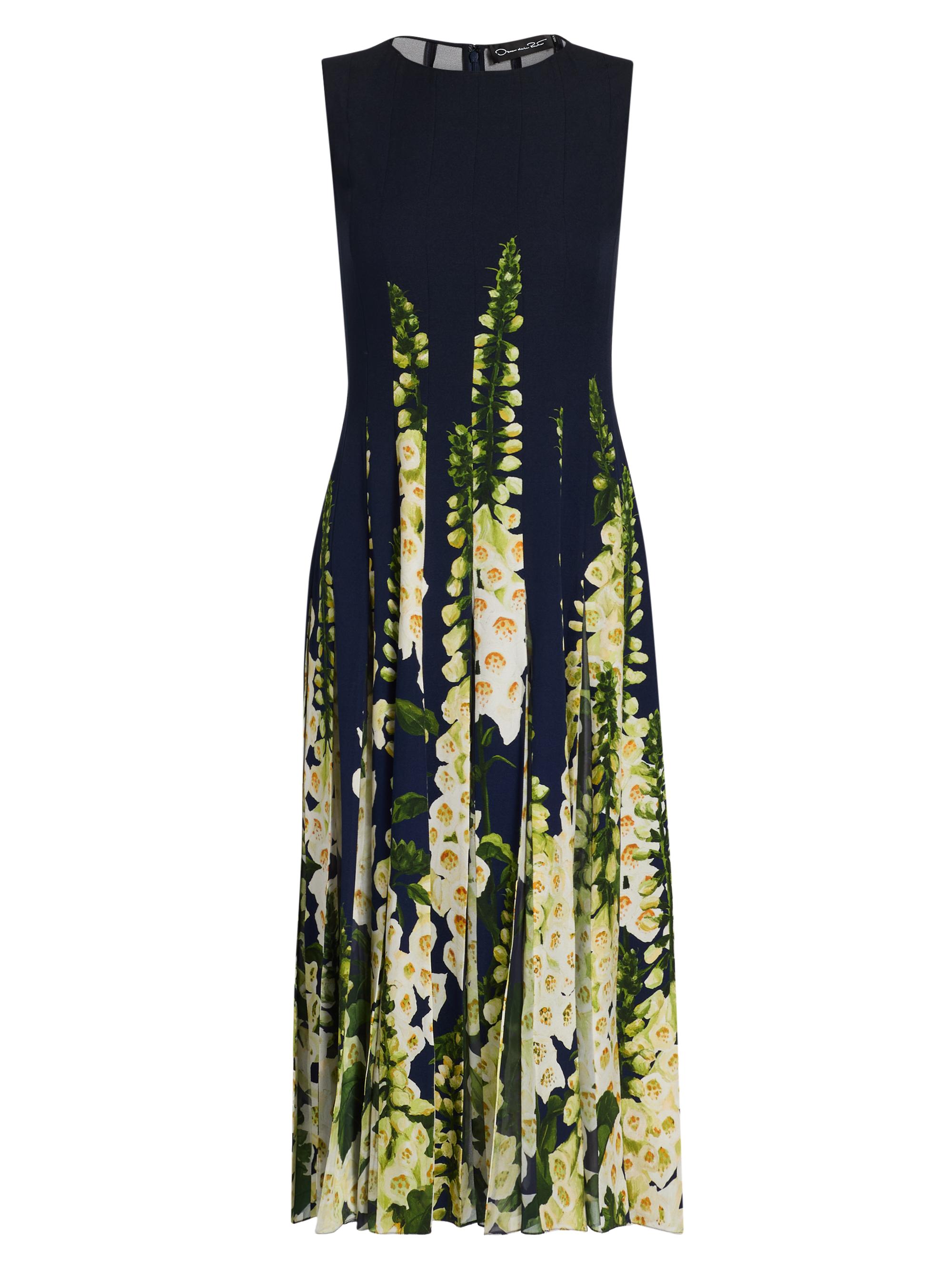 Oscar de la Renta Women's Foxglove-Print Pleated Midi-Dress - Navy