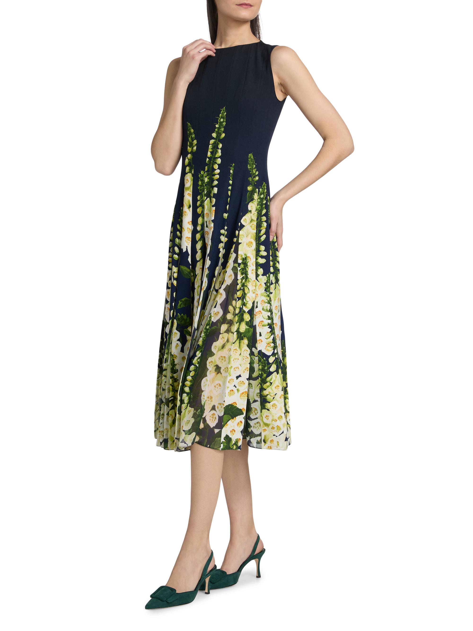Oscar de La Renta Women's Foxglove-Print Pleated Midi-Dress - Navy - Size 4
