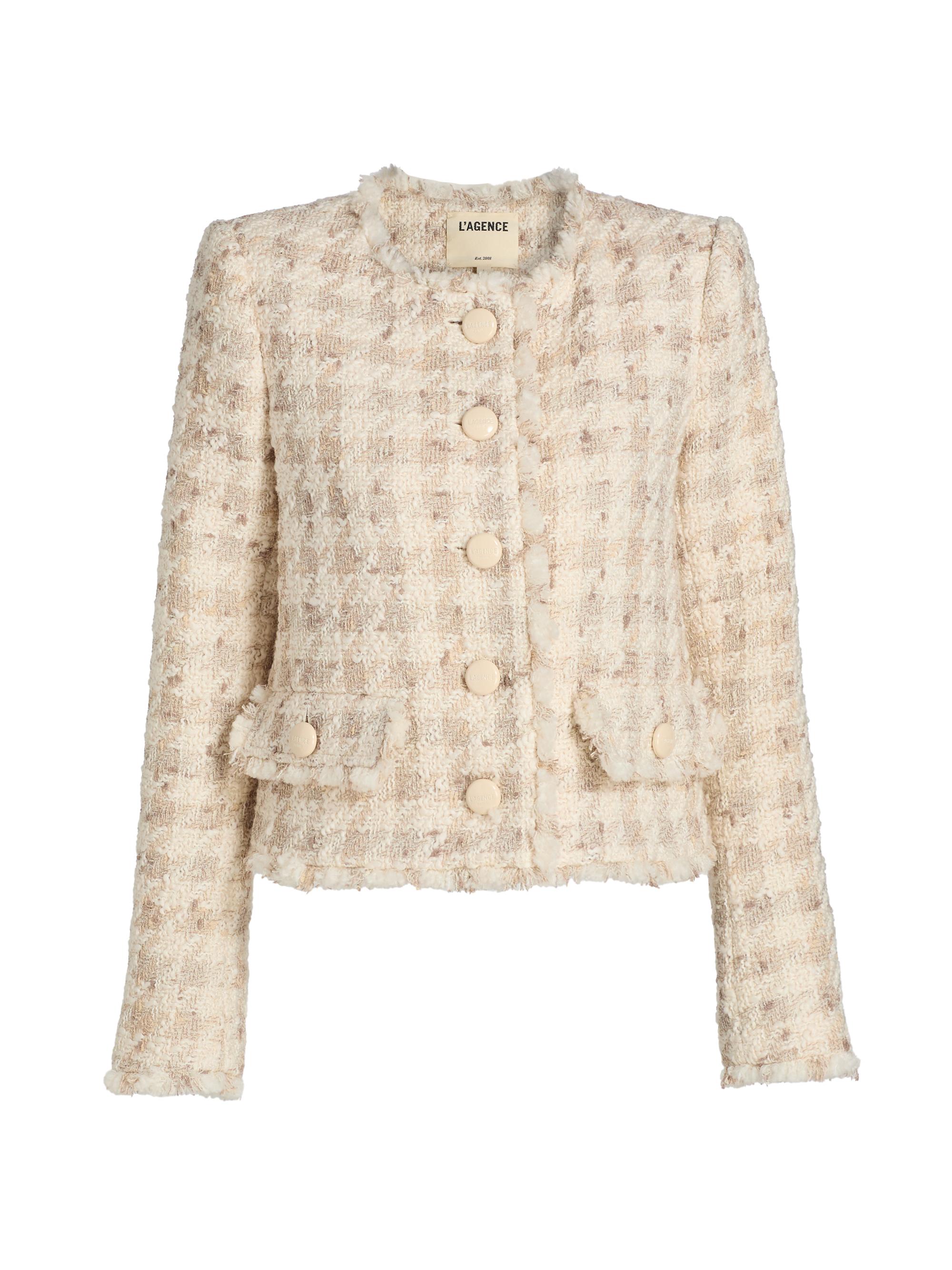 L'AGENCE Women's Zell Houndstooth Wool-Blend Tweed Jacket - Taupe Grey Houndstooth