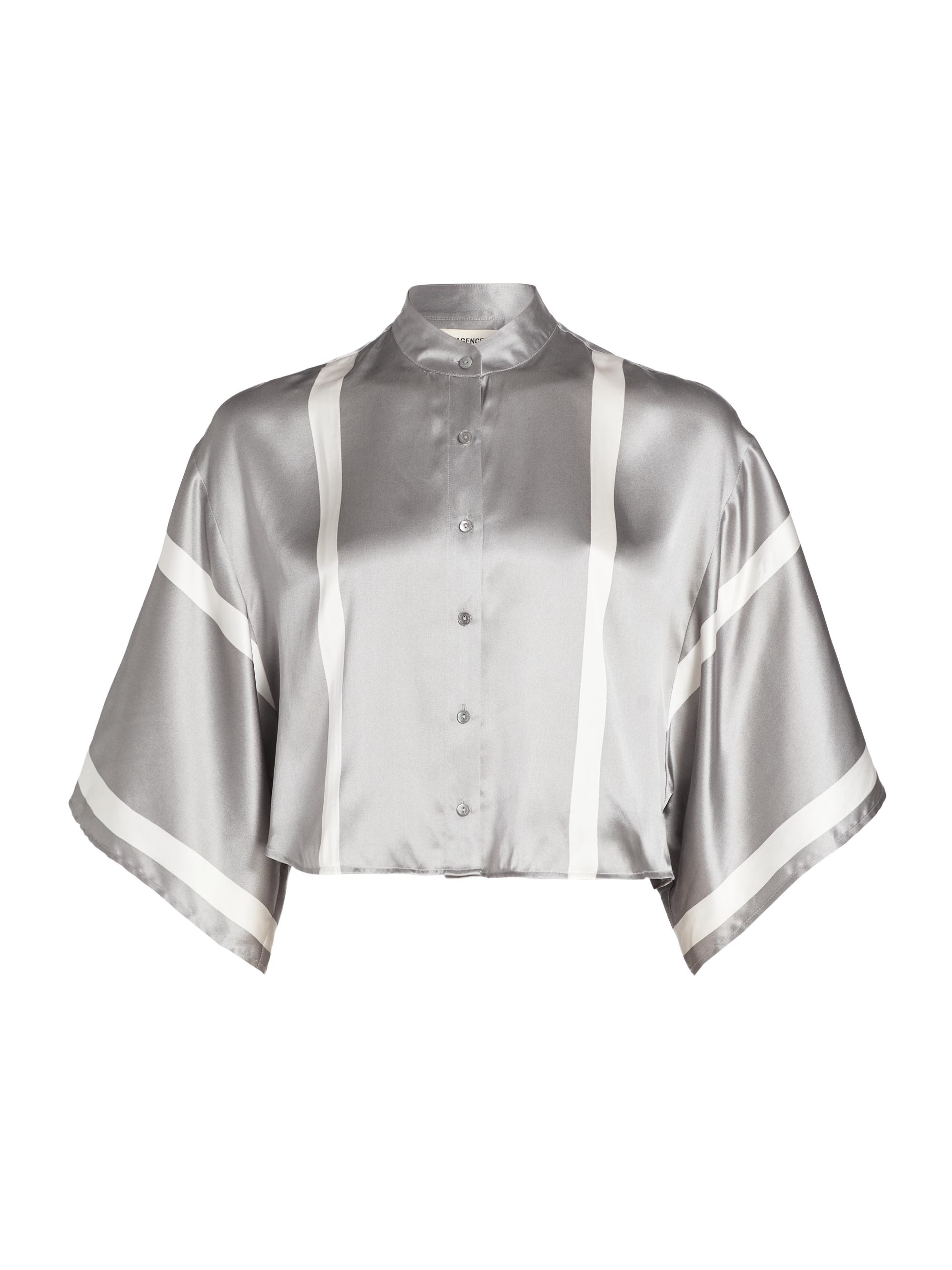 L'AGENCE Women's Dru Silk Crop Blouse - Grey White Stripe