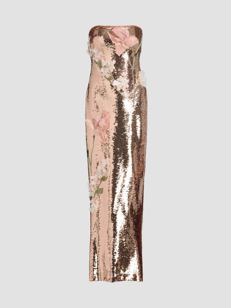 tom ford rose gold sequin dress Monique Lhuillier Sequined Floral Embroidered Column Gown watch for her