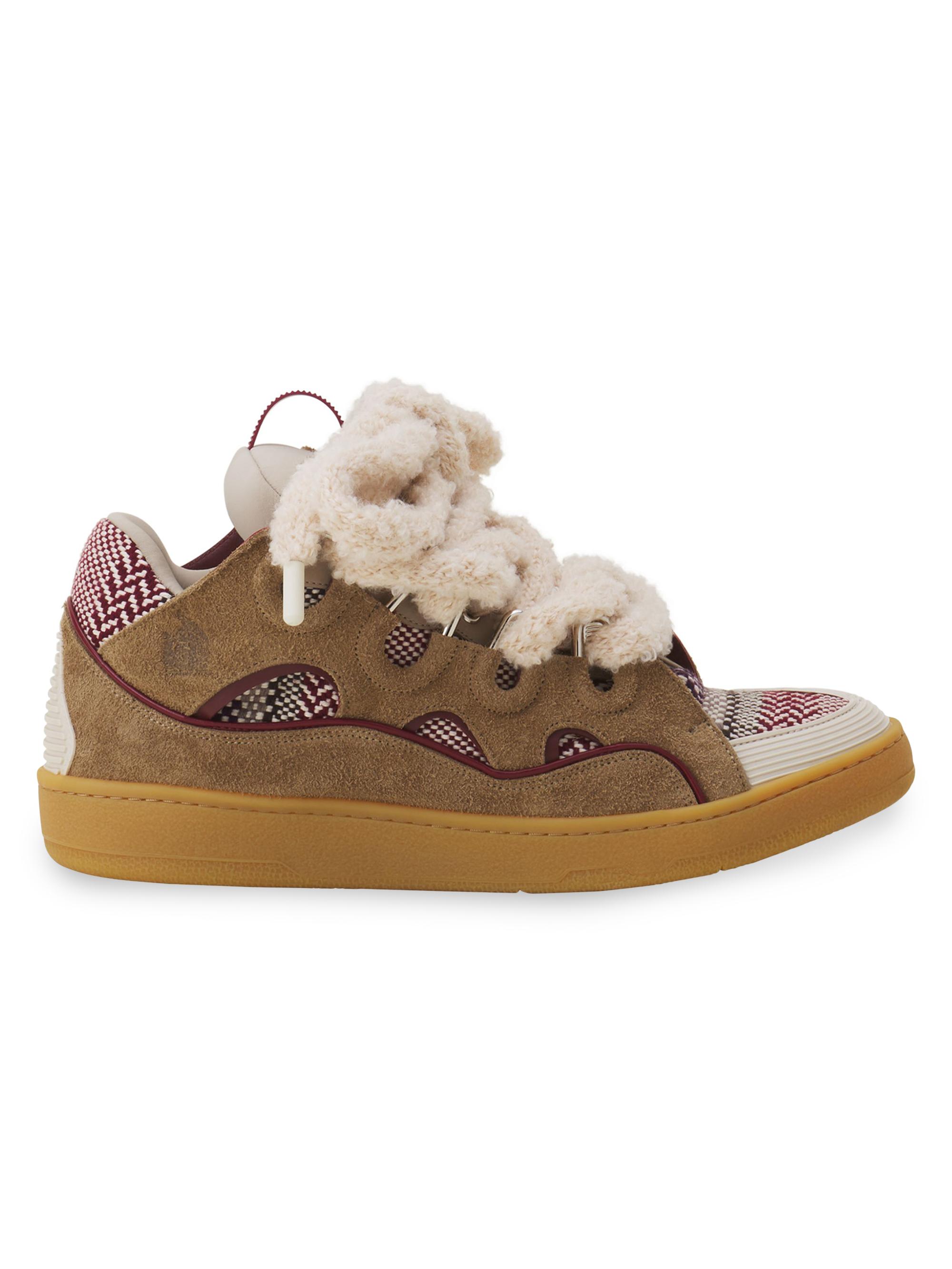 Lanvin Men's Curb Suede Sneakers with Mesh Laces - Brown