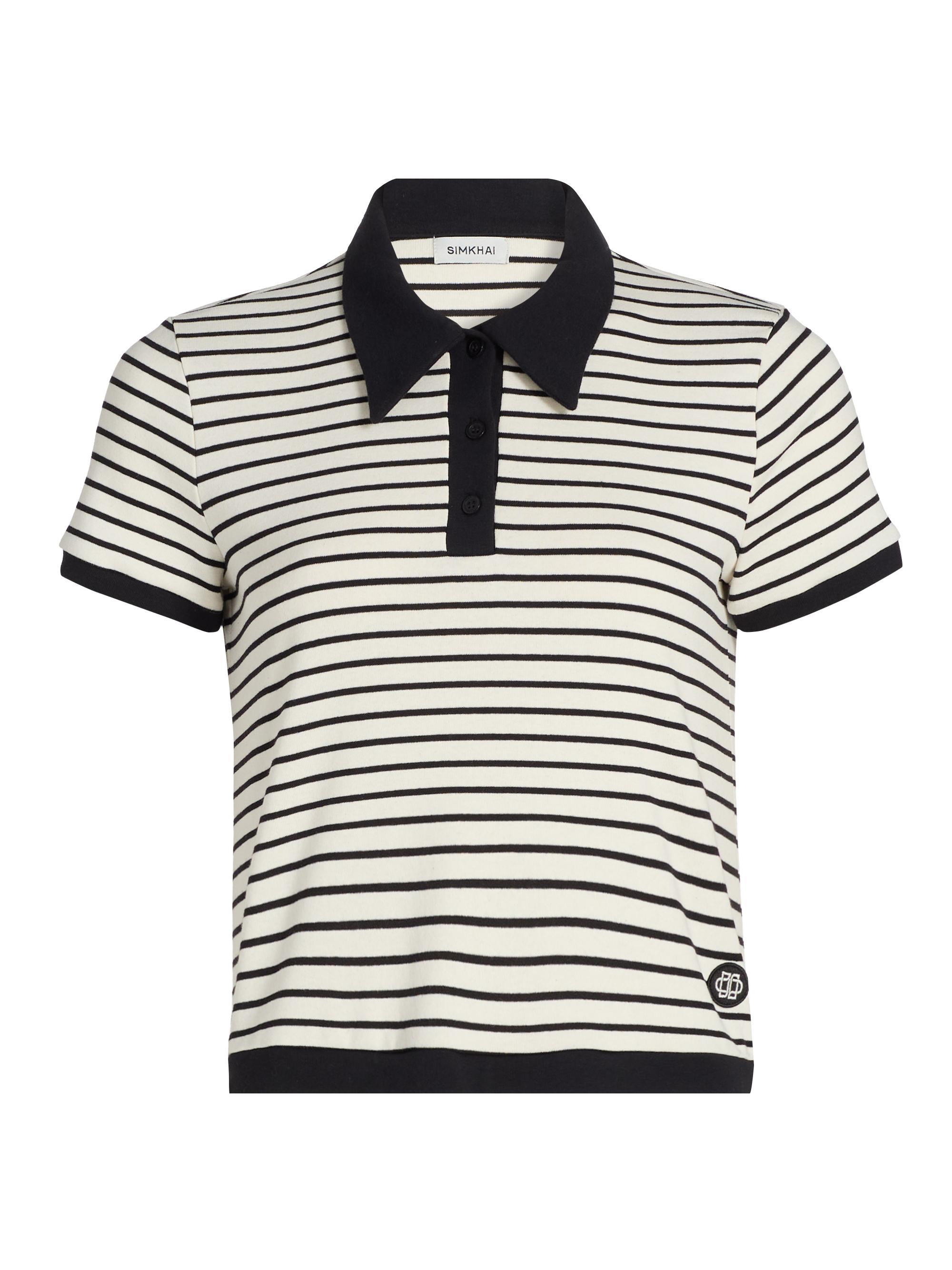 SIMKHAI Women's Cullen Striped Stretch Cotton-Blend Polo Shirt - White Stripe