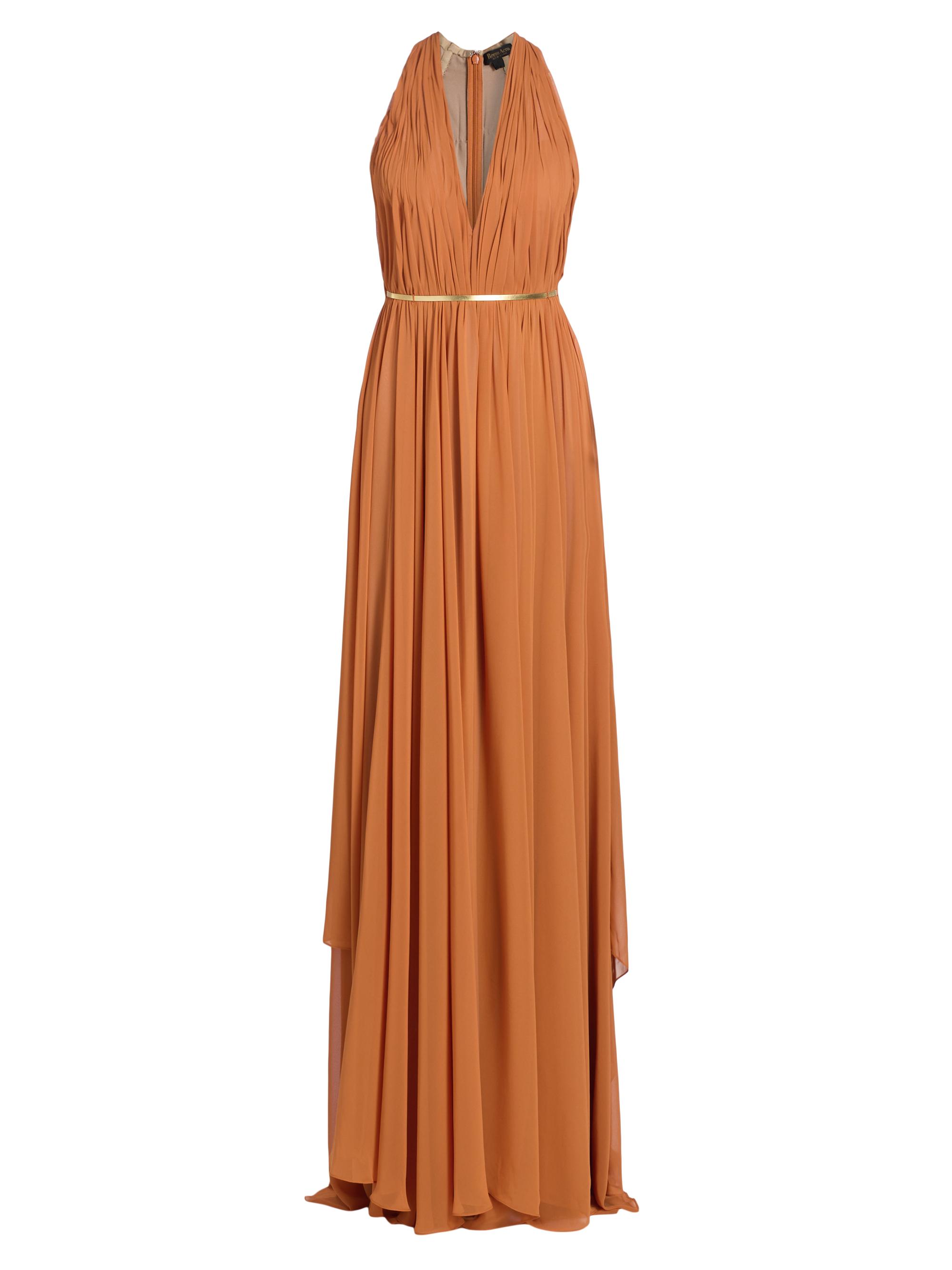 Reem Acra Women's Pleated Chiffon Belted A-Line Gown - Copper Gold
