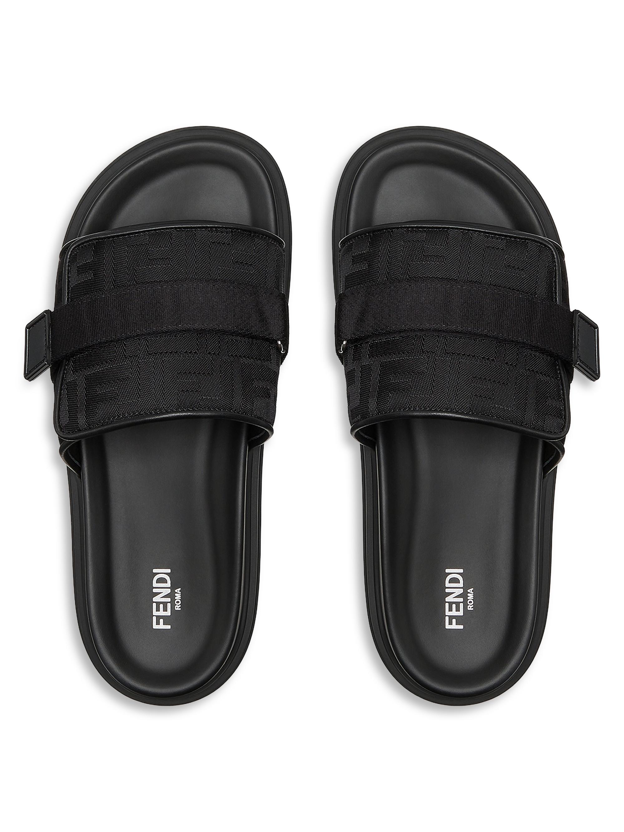 FENDI ブラック スライドサンダル Fendi Logo Jacquard Slide Sandals | Saks Fifth Avenue