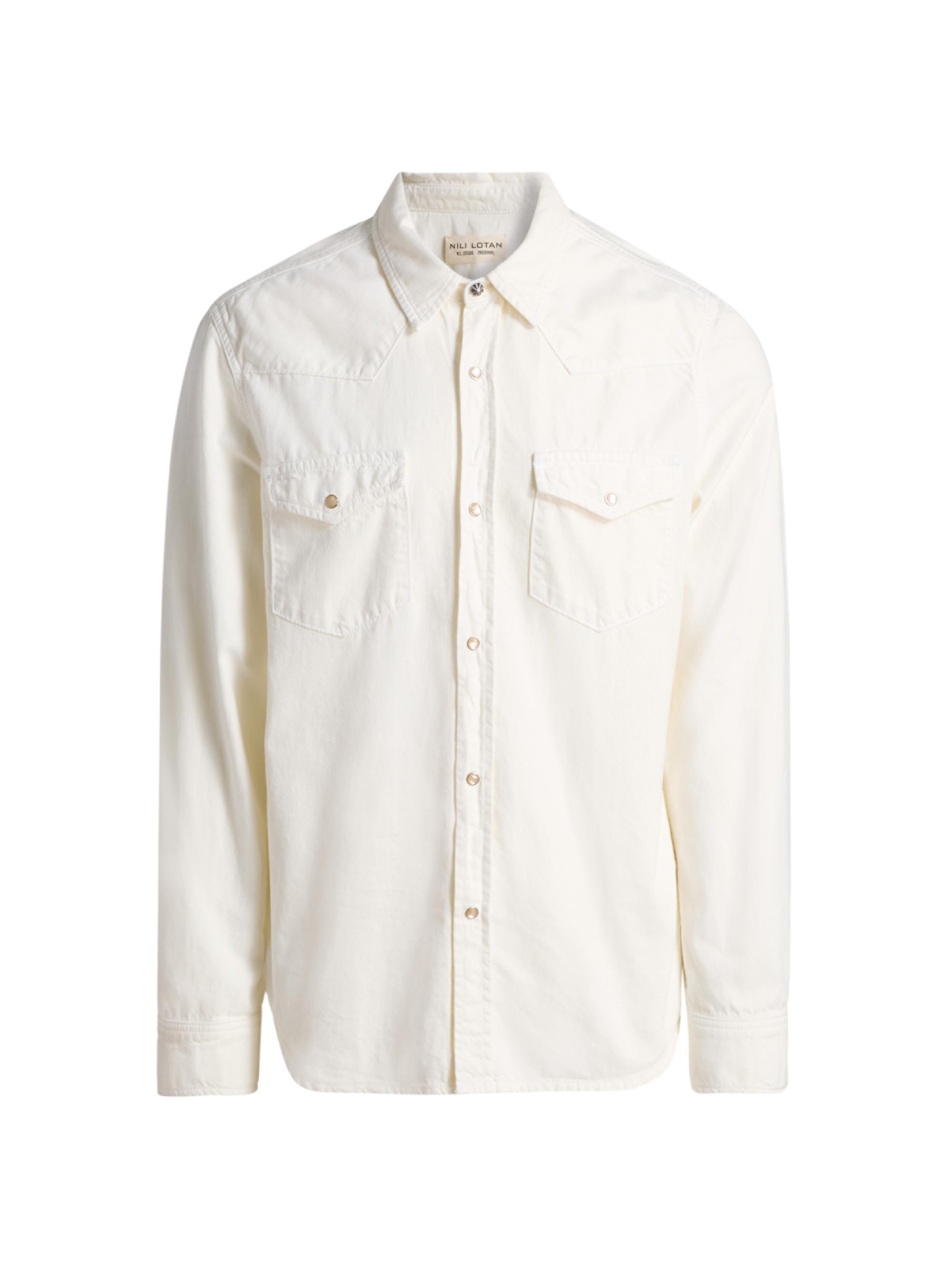 Nili Lotan Men's Travis Point Collar Cotton Denim Shirt - Cream