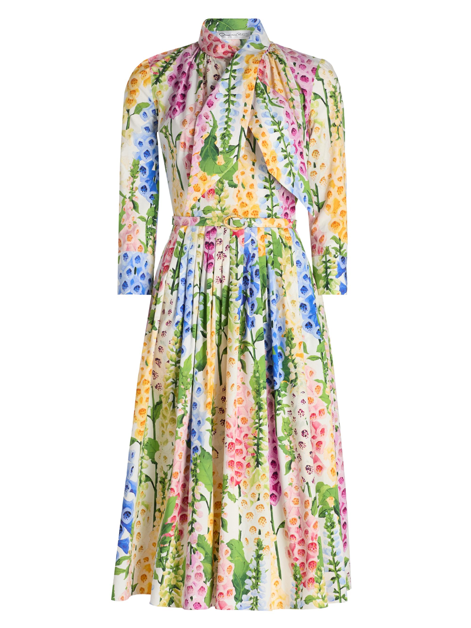 Oscar de la Renta Women's Tie-Neck Foxgloves Long-Sleeve Midi-Dress - White Multi