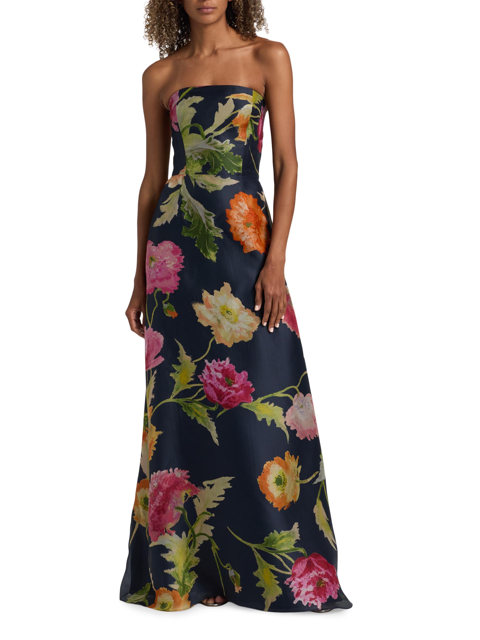 carolina herrera floral silk dress Carolina Herrera Women's Floral Silk Strapless A-Line Gown - Midnight Multi