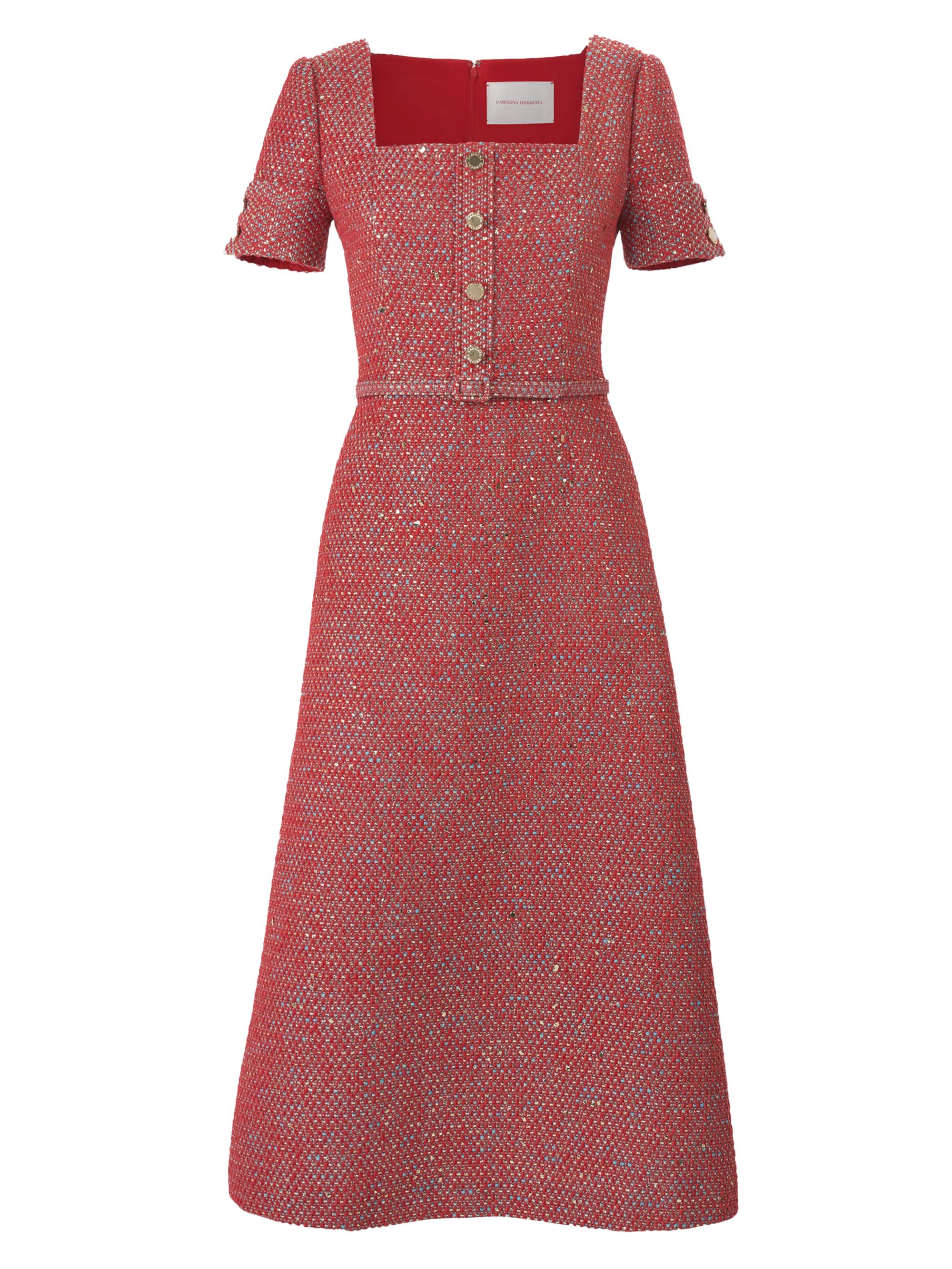 Carolina Herrera Women's Square Neck Belted A-Line Midi-Dress - Herrera Red Multi