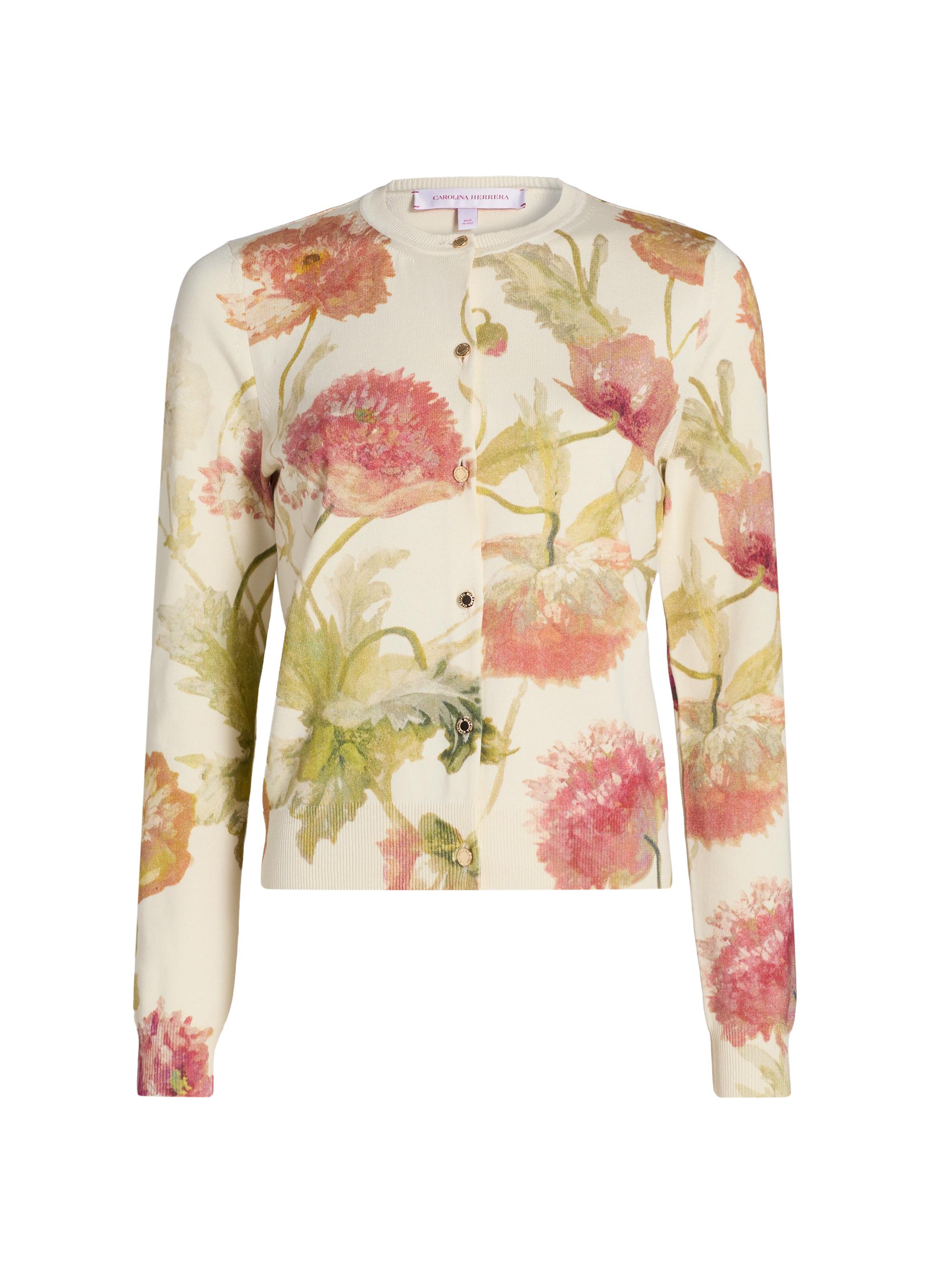 Carolina Herrera Women's Floral Silk-Cotton Cardigan - Almond Multi