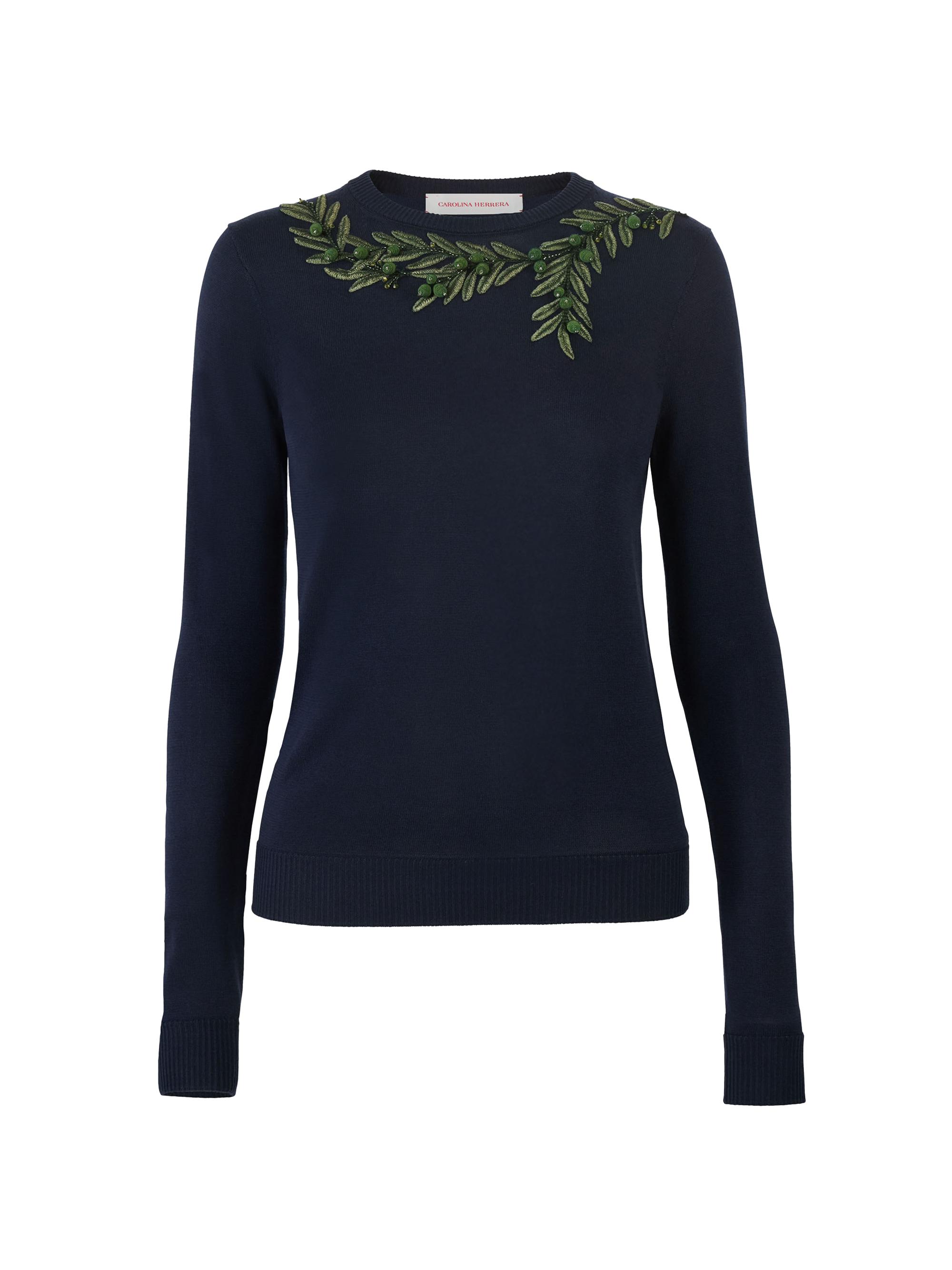 Carolina Herrera Women's Leaf Embroidered Silk-Cotton Sweater - Midnight Multi
