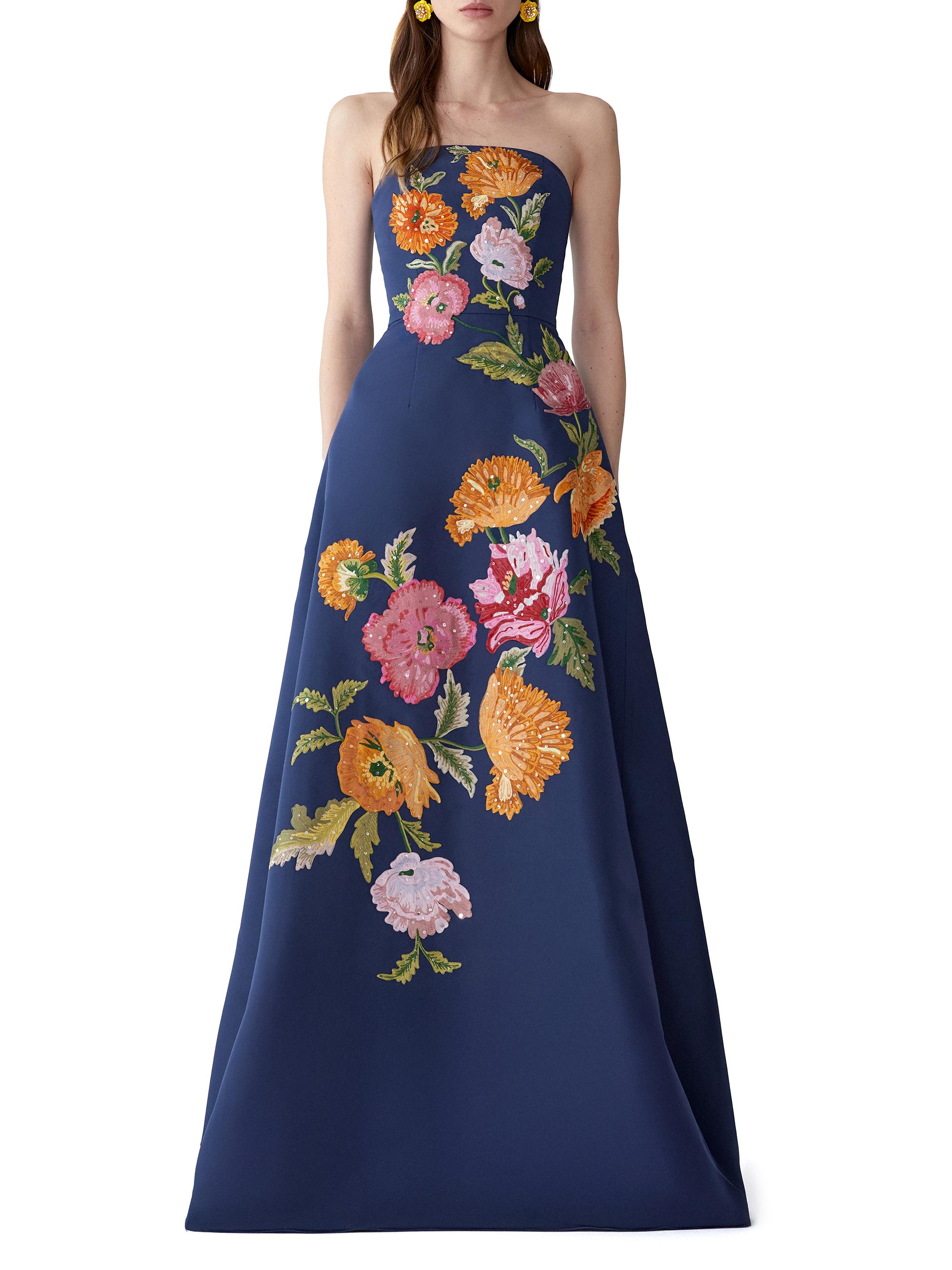 Carolina Herrera Floral-Embroidered Silk Strapless Gown | Saks