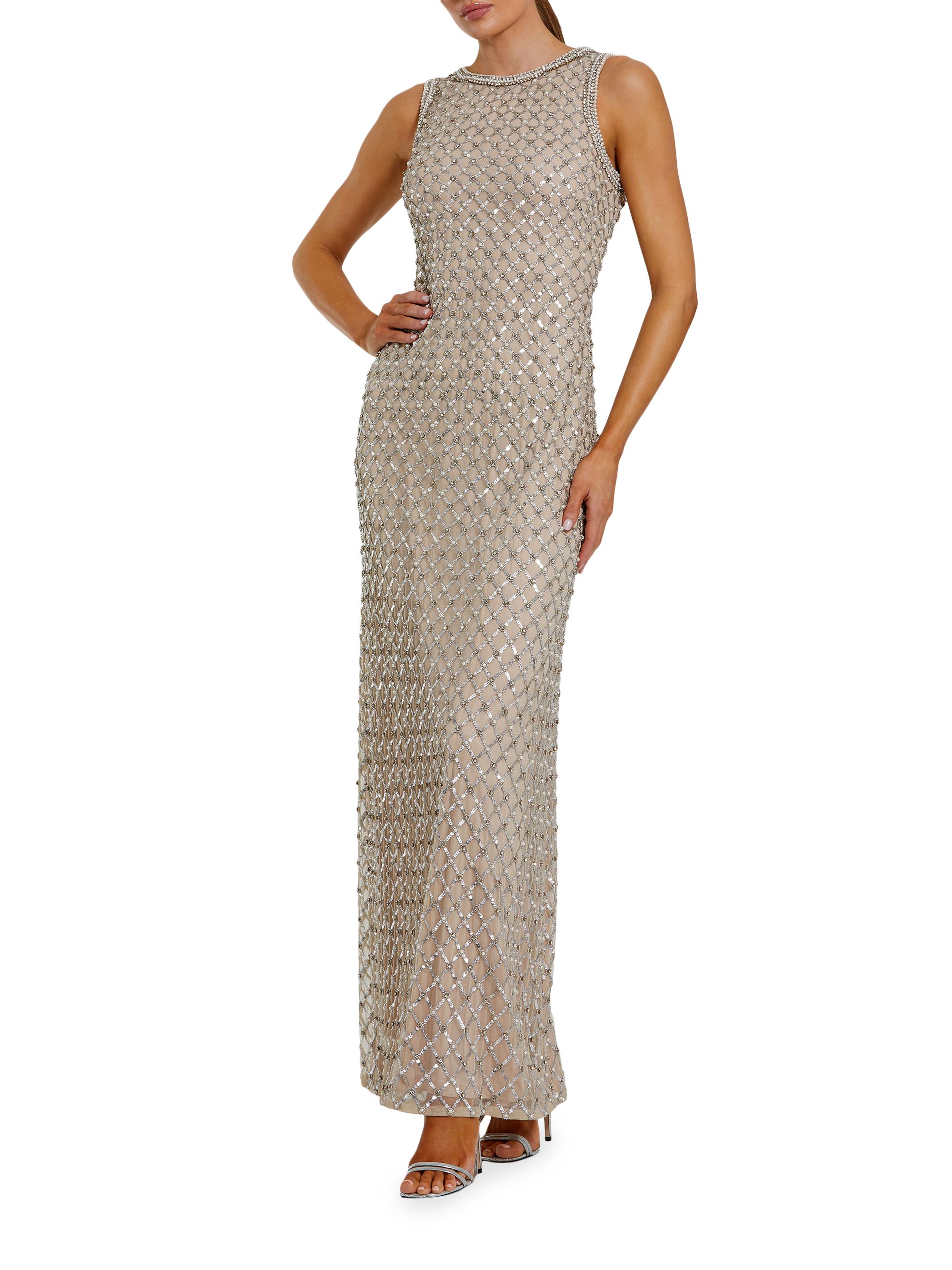 Mac Duggal Women's Evening Sequined Mesh Column Gown - Silver Beige
