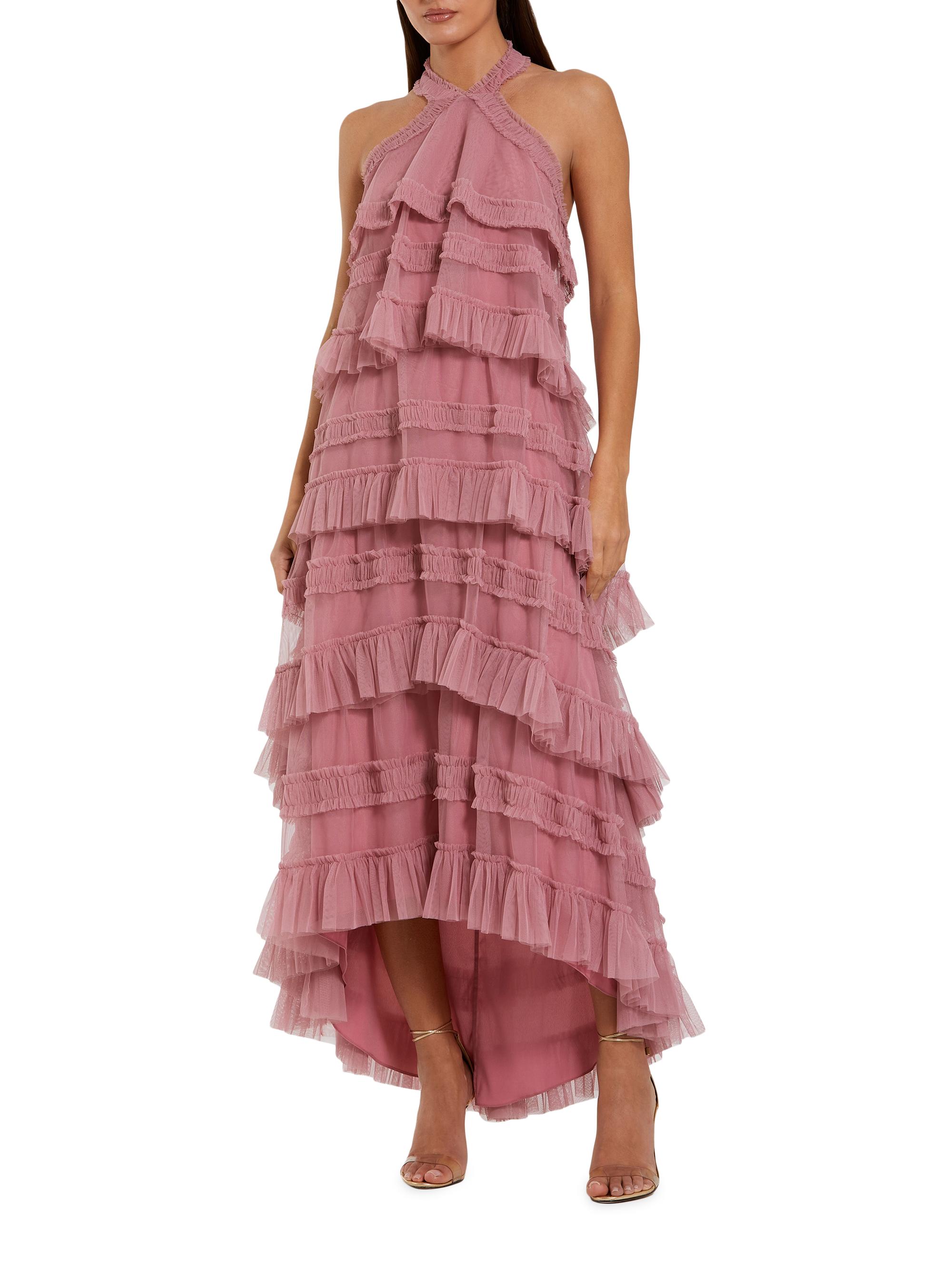 Mac Duggal Women's Cocktail Mesh Ruffle Halter Maxi Dress - Rose