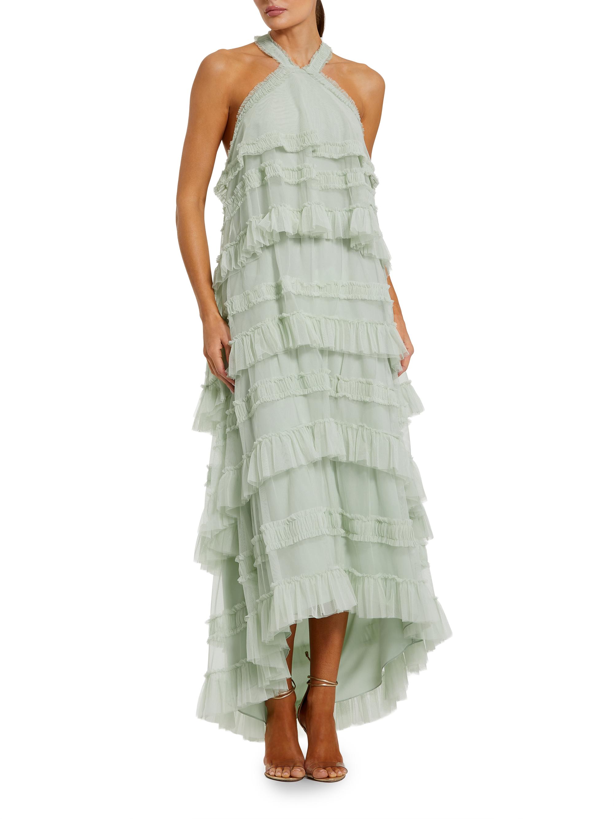Mac Duggal Women's Cocktail Mesh Ruffle Halter Maxi Dress - Seamist