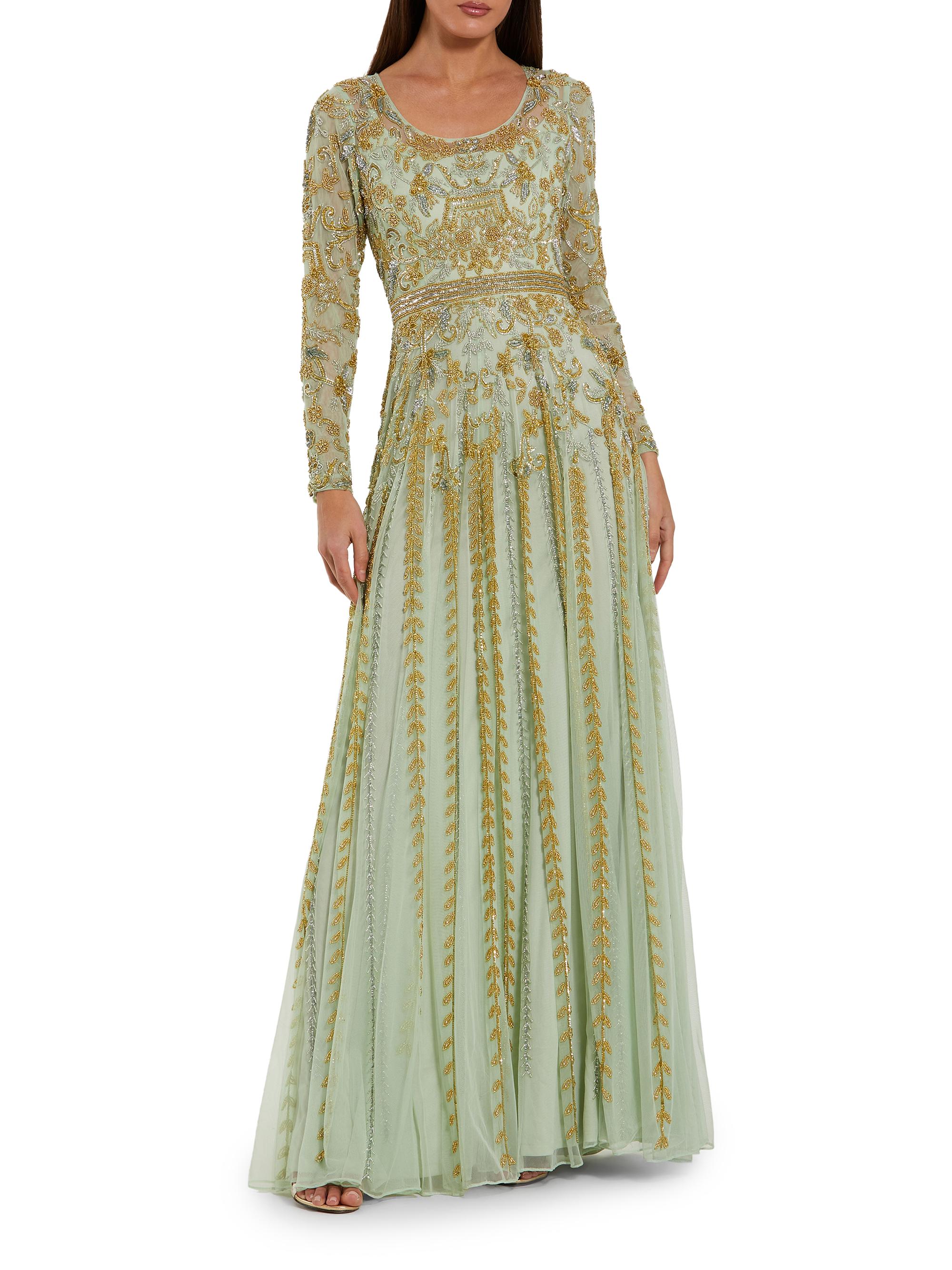 Mac Duggal Women's Evening Beaded Mesh Gown - Light Sage