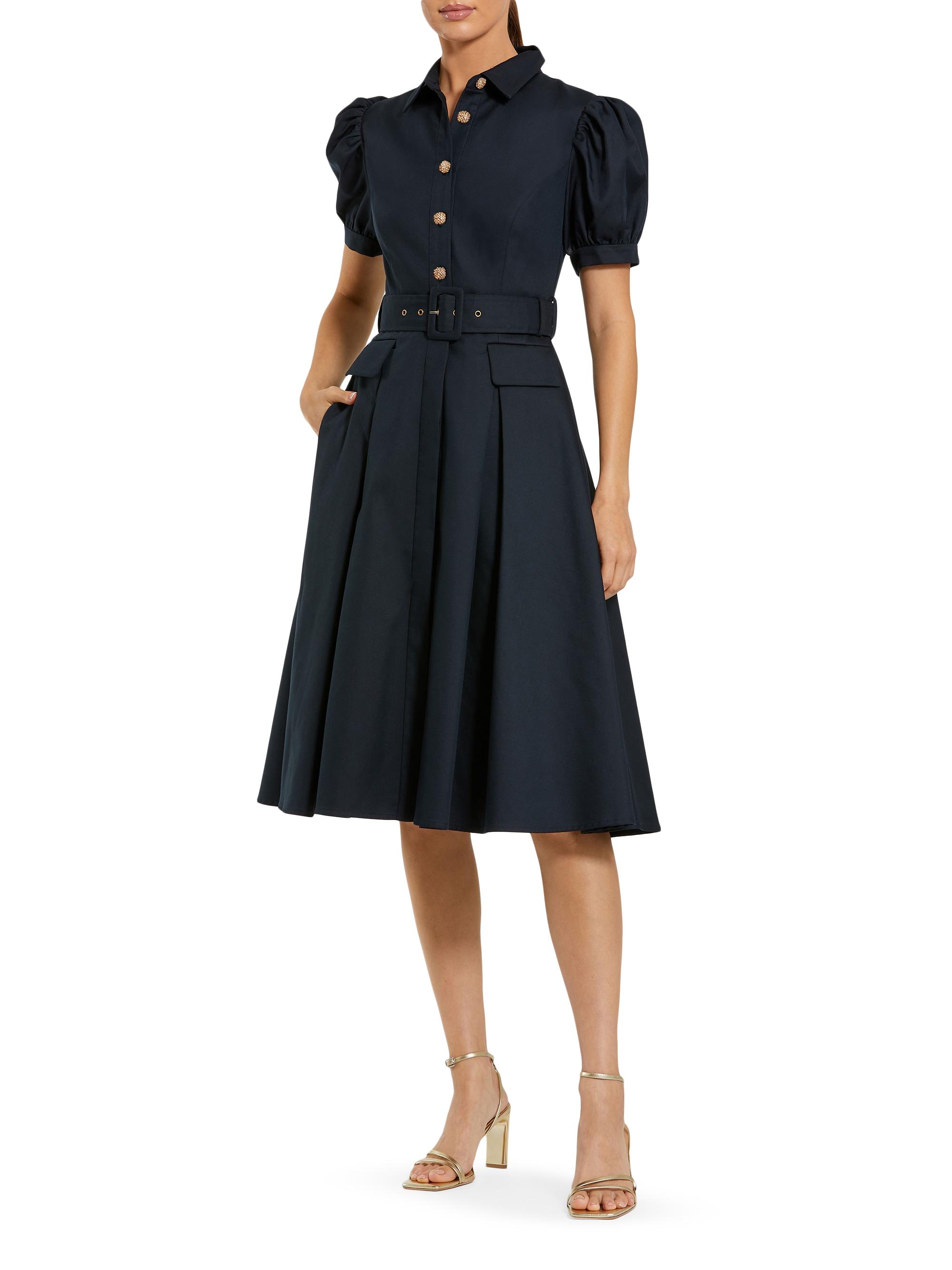 Mac Duggal Women's Cocktail Twill Belted Midi-Dress - Midnight