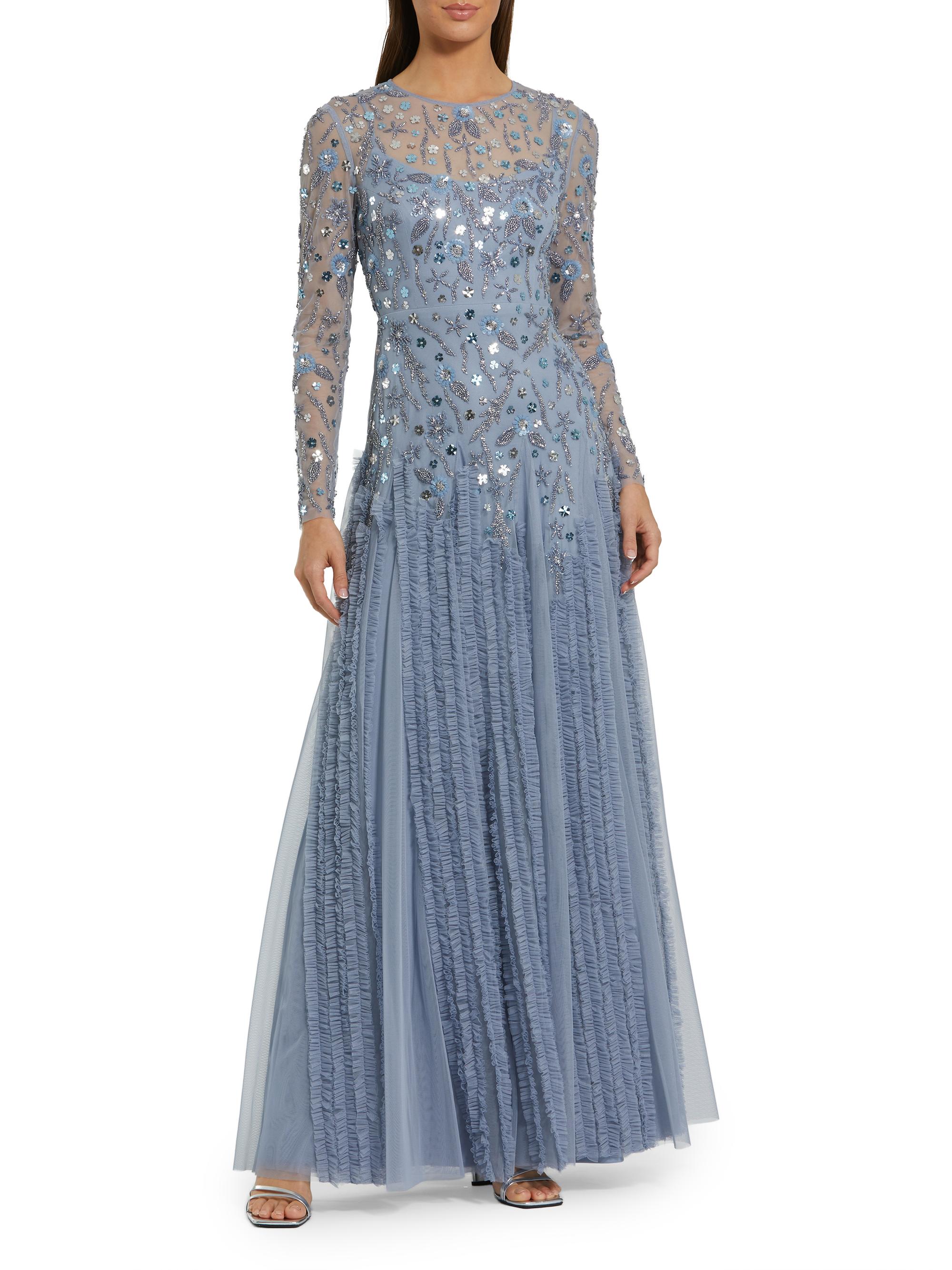 Mac Duggal Women's Evening Beaded Mesh Gown - Slate Blue