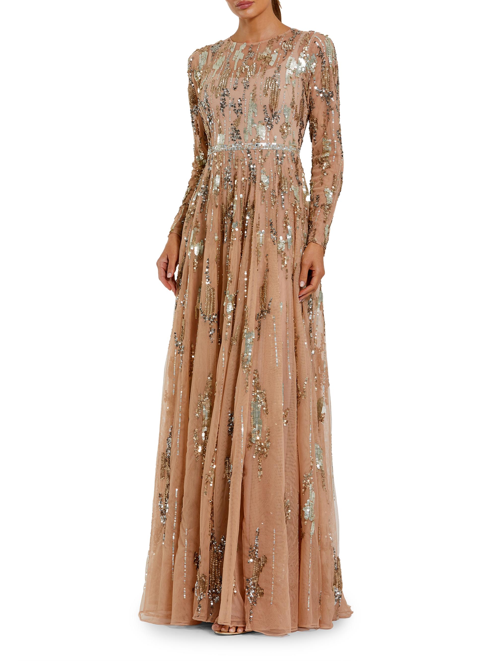 Mac Duggal Women's Evening Mesh Long-Sleeve Gown - Taupe