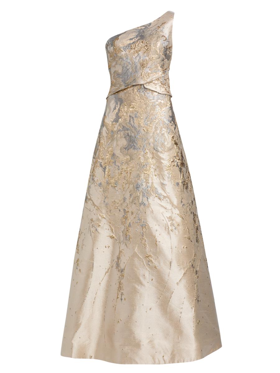 Rene Ruiz Collection Women's Floral Metallic Brocade One-shoulder Gown In Gold