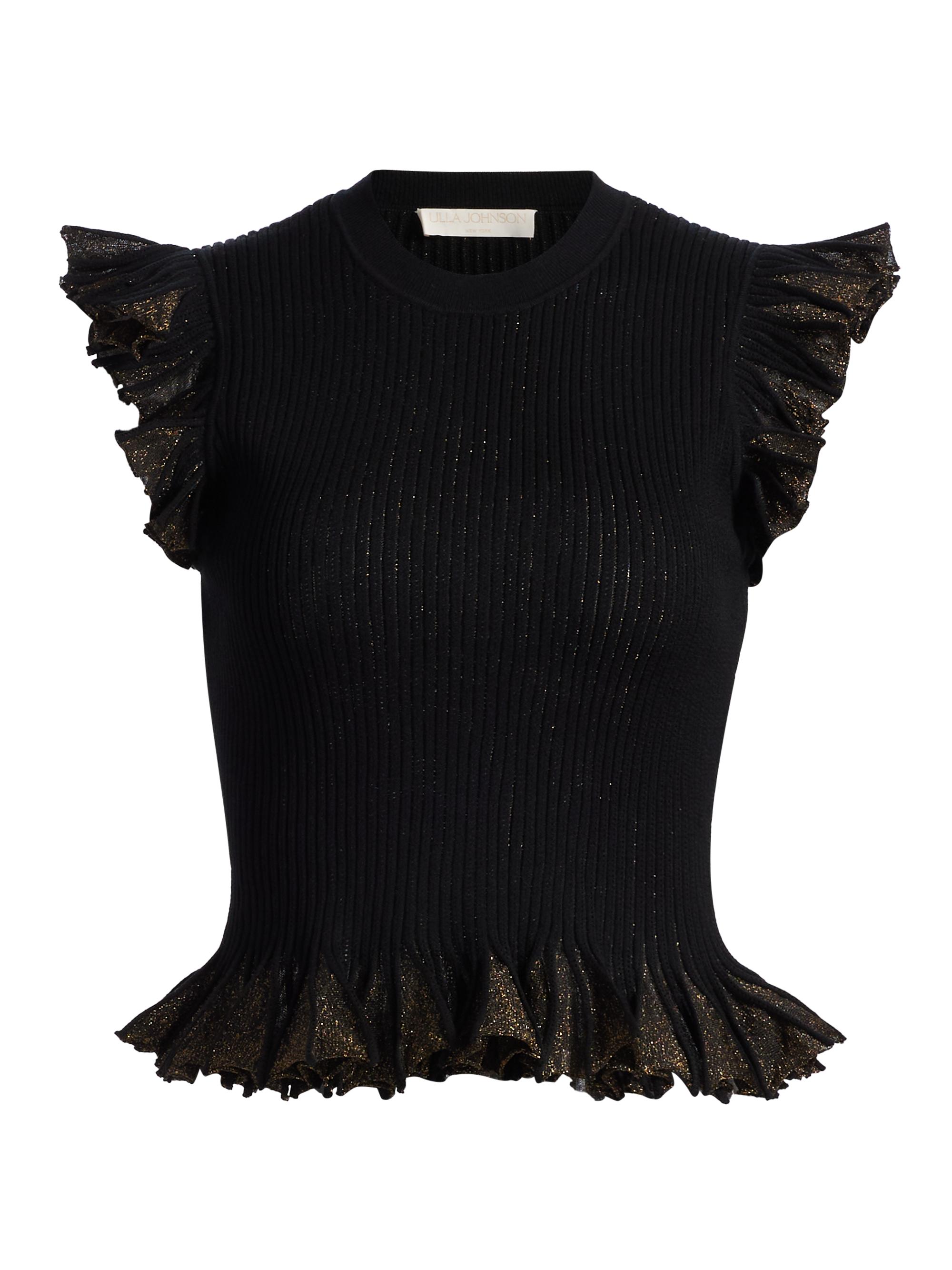 Ulla Johnson Women's Leila Metallic Rib-Knit Ruffle Top - Noir