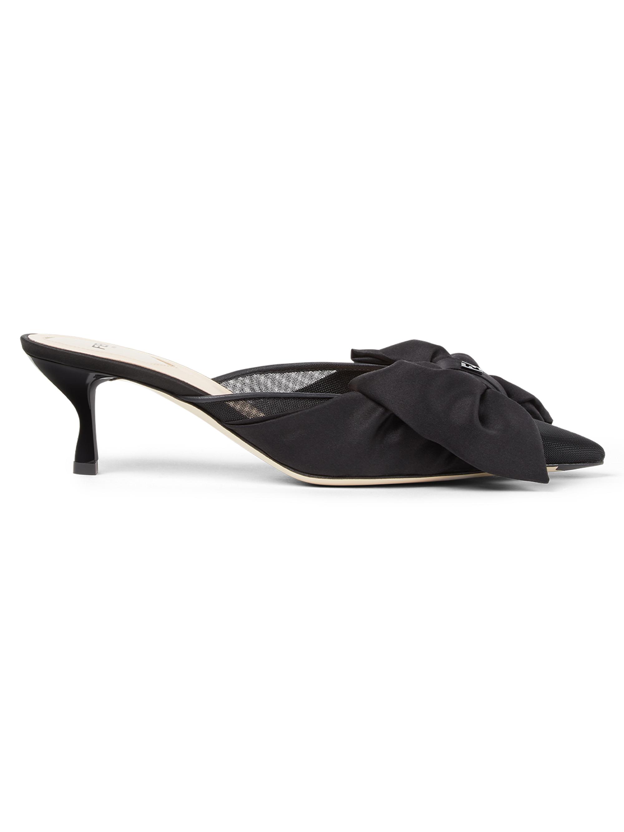 Fendi Women's Sabot 55MM Bow-Detail Satin Kitten Mules - Nero