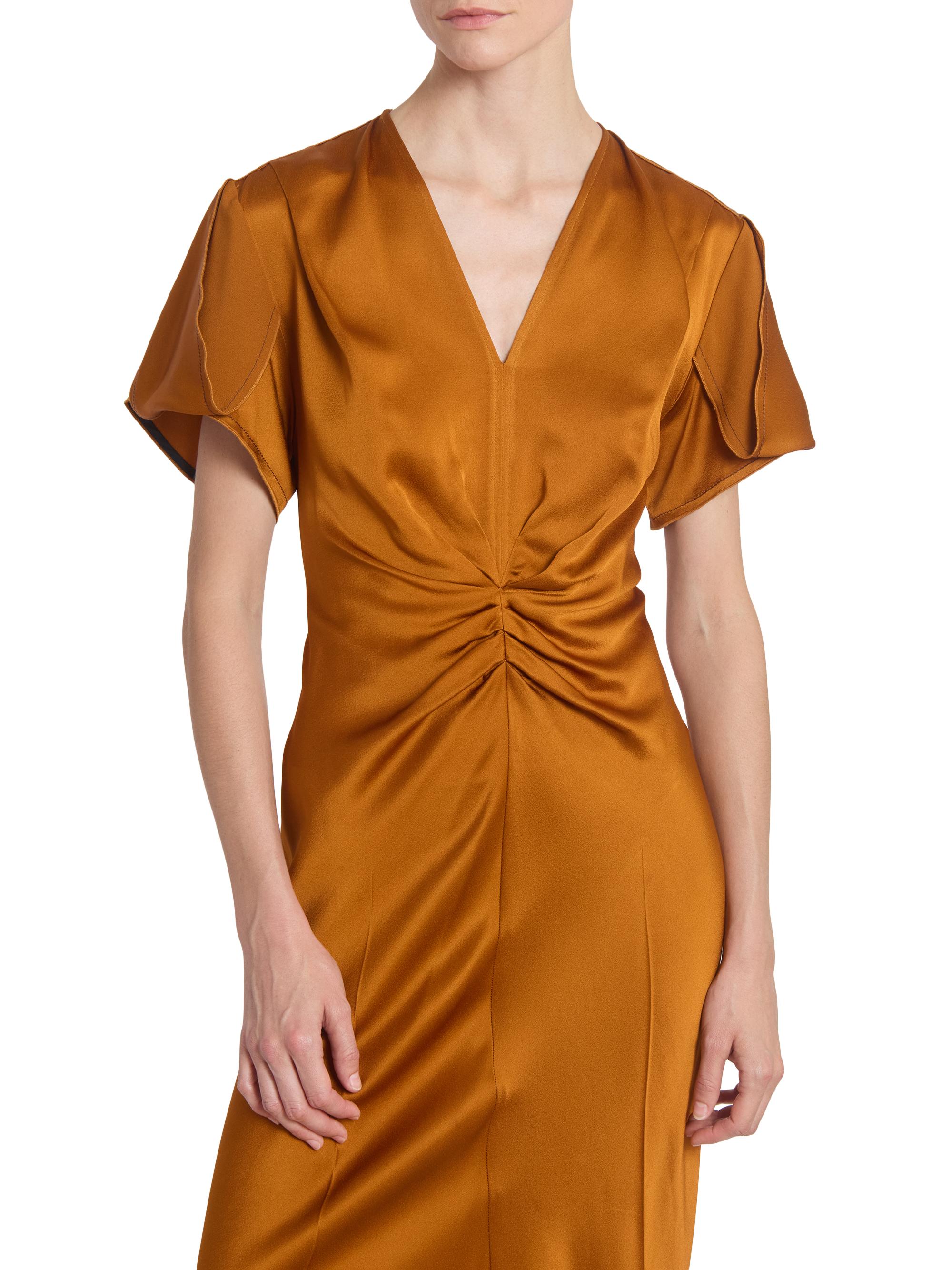 victoria beckham gathered v neck midi dress Gathered V-Neck Bella Short Sleeve Midi Dress