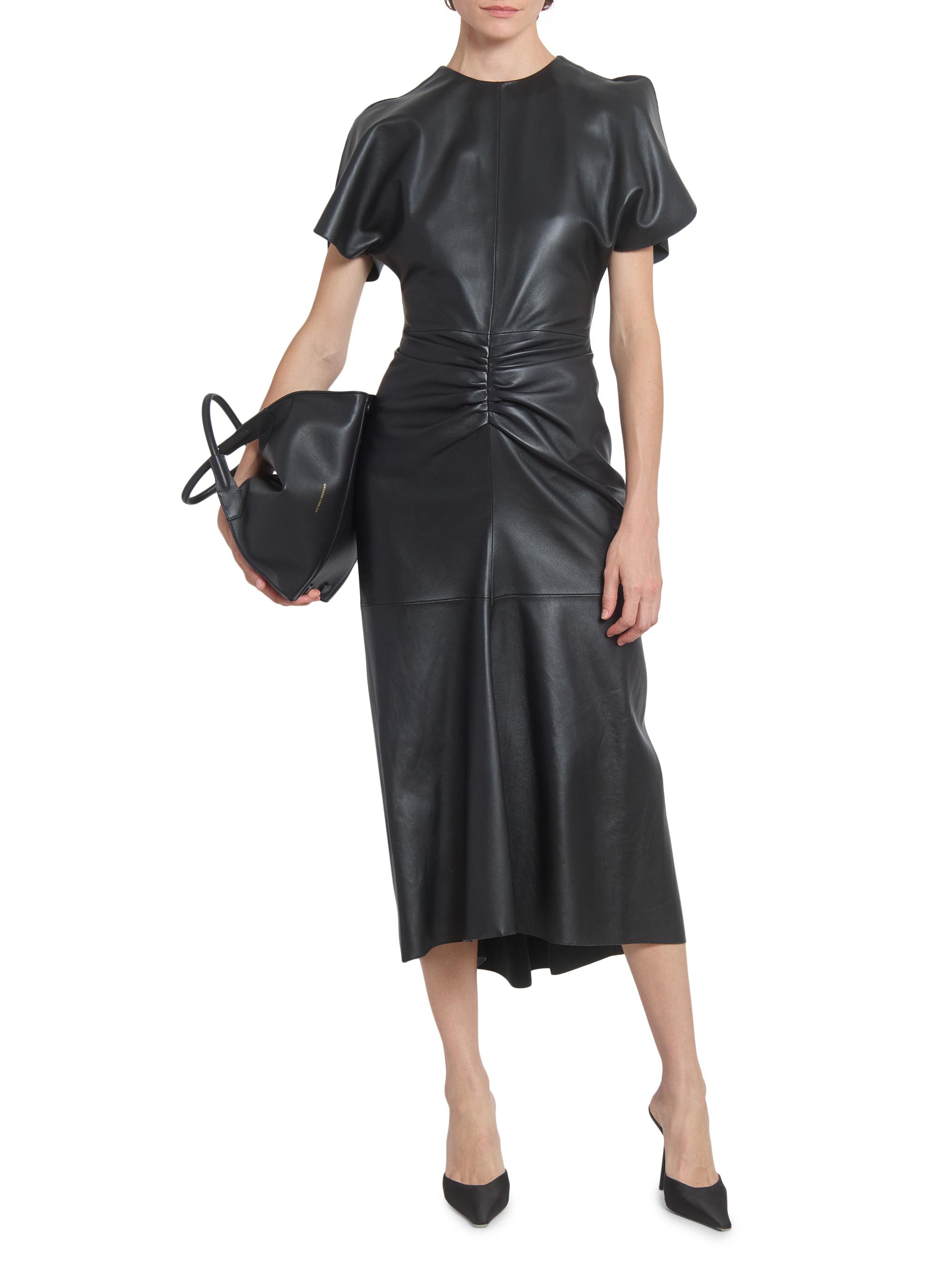 knee length dresses for ladies Women's Something to Behold Black Faux Leather Short Sleeve Belted Midi Dress | Size: S