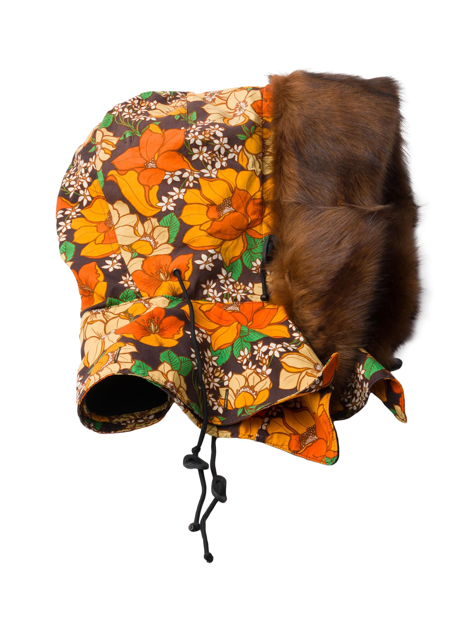 Prada Men's Printed Poplin and Shearling Hood - Brown