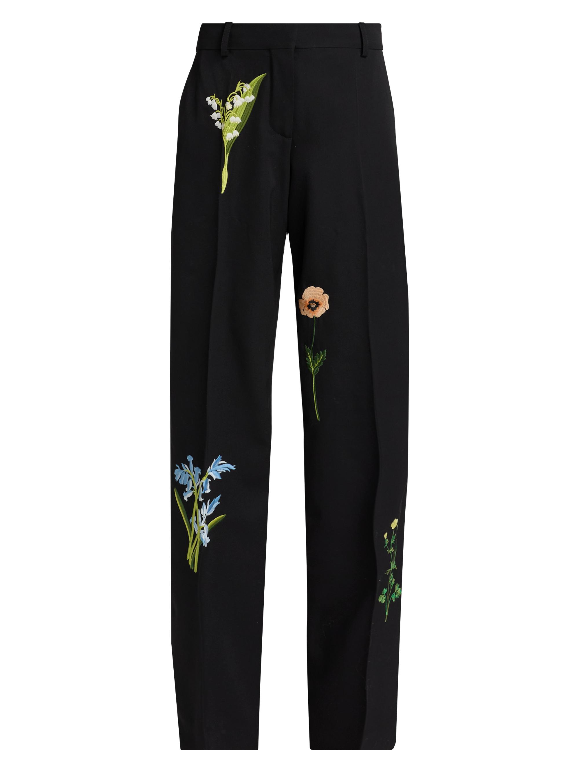 Embroidered Drop Waist Wide-Leg Wool Trousers