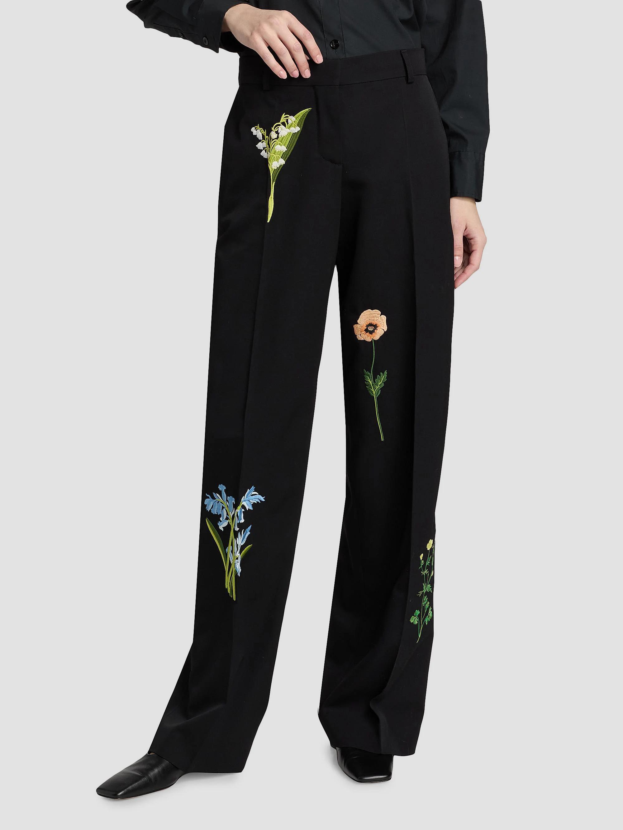 Stella McCartney Embroidered Drop Waist Wide-Leg Wool Trousers