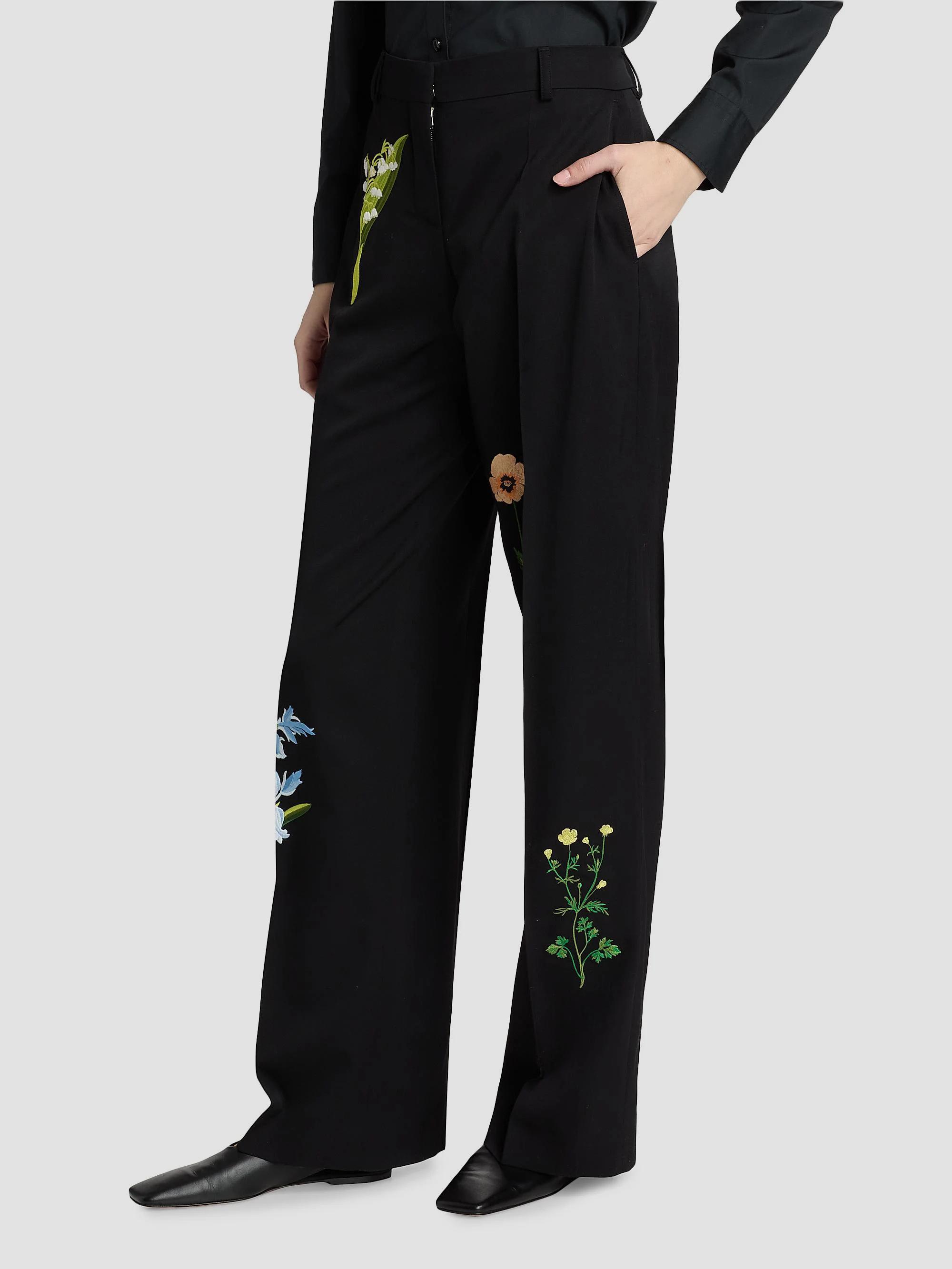 Stella McCartney Embroidered Drop Waist Wide-Leg Wool Trousers