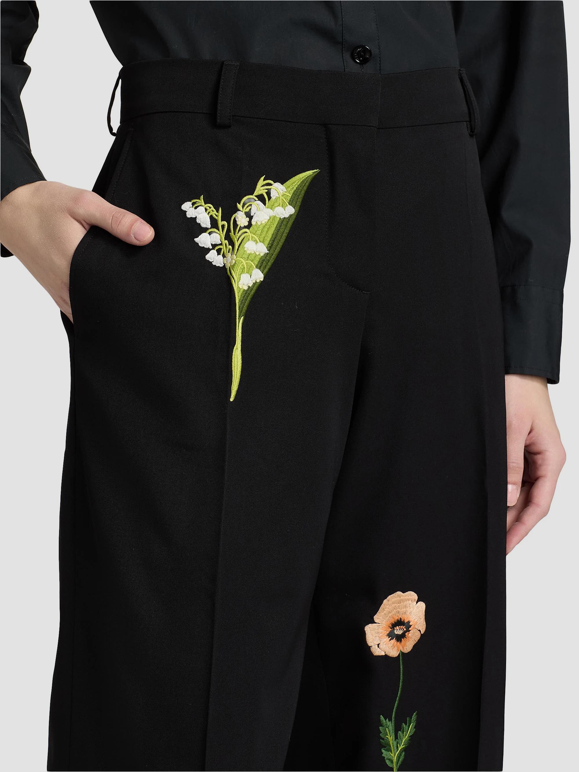 Stella McCartney Embroidered Drop Waist Wide-Leg Wool Trousers