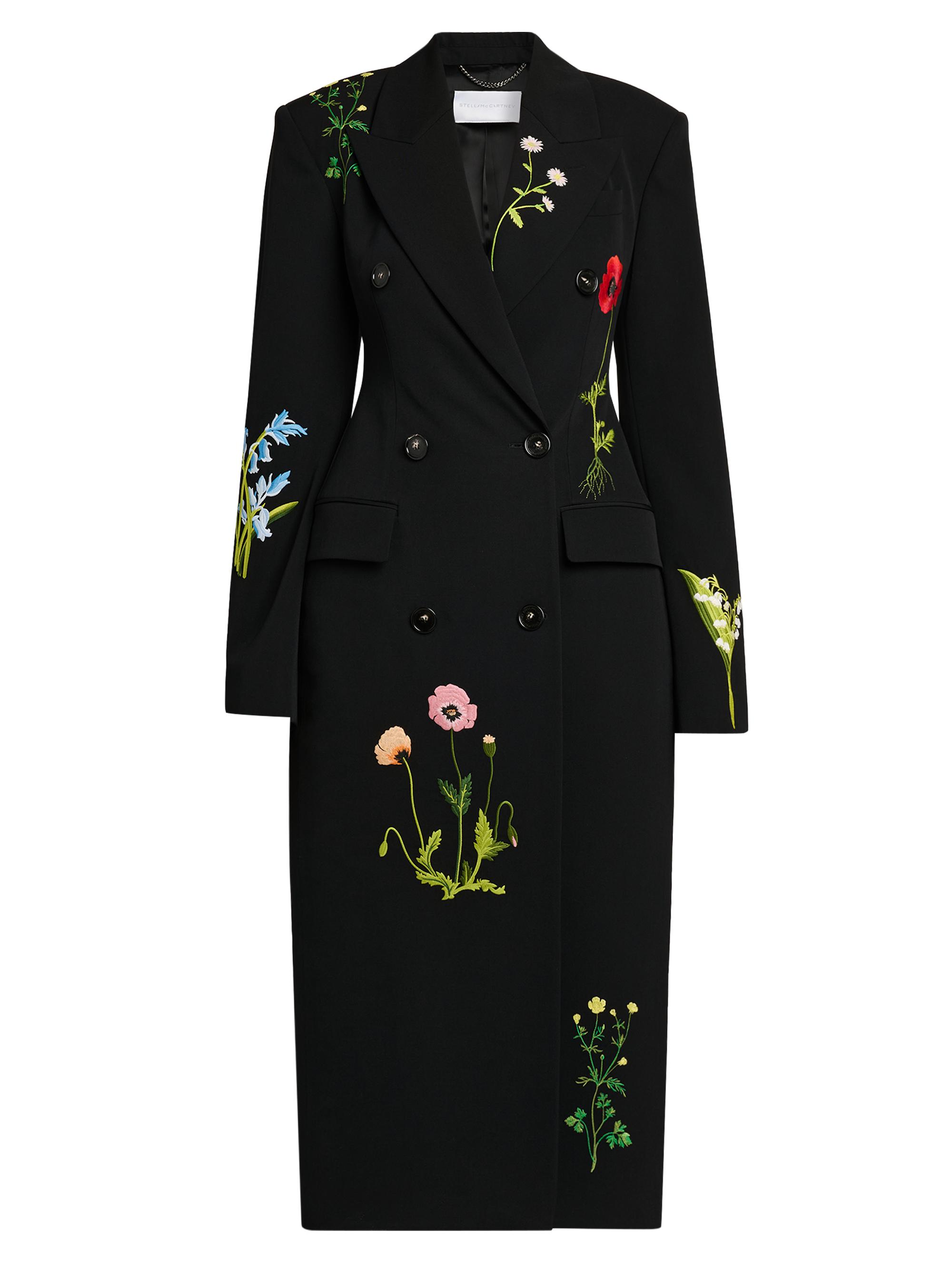 Stella McCartney Women's Flower-Embroidered Wool Double-Breasted Coat - Black